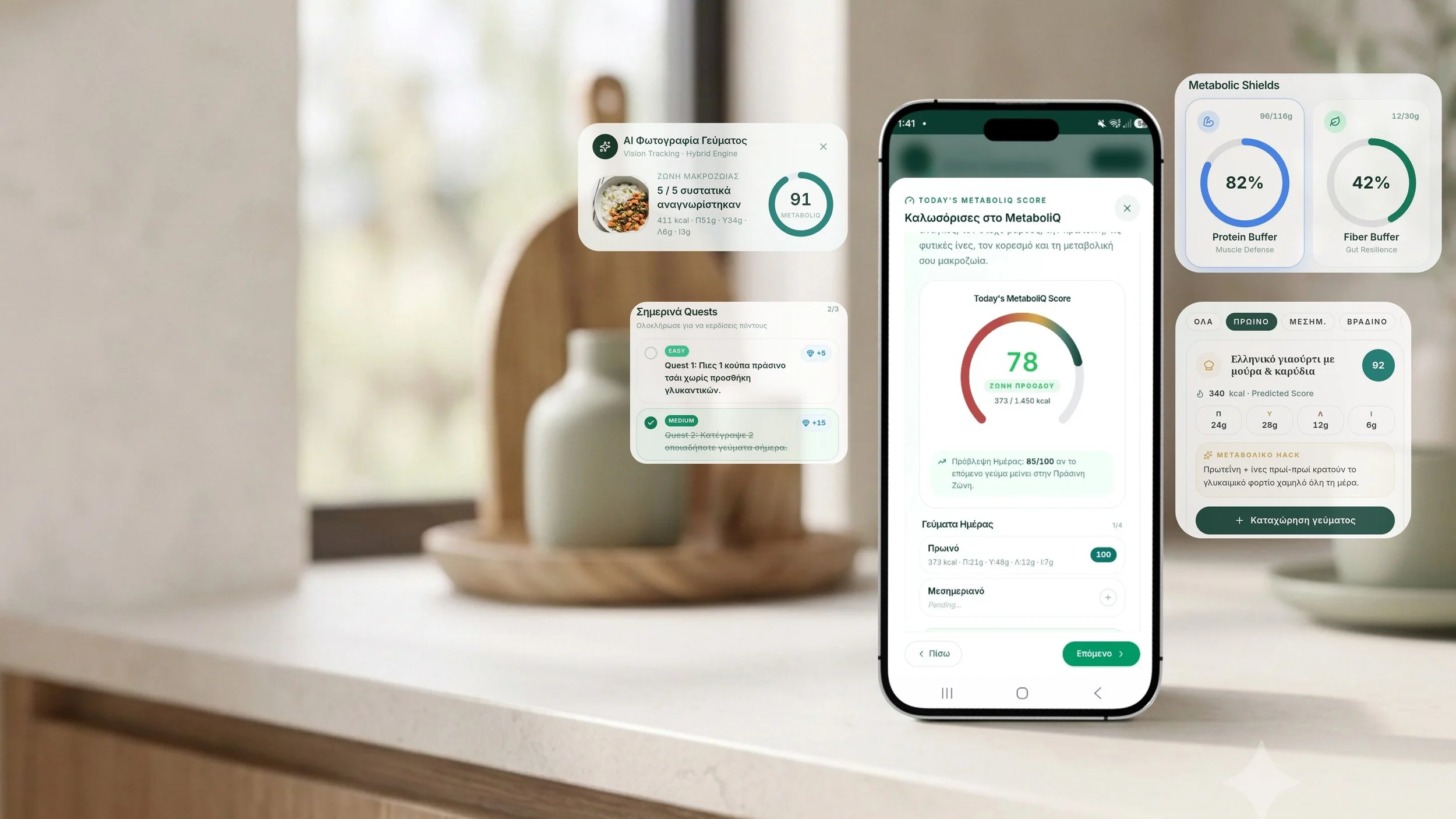 Smartphone displaying fitness and health tracking apps with various metabolic scores, meal tracking, and workout quest progress over a blurred kitchen background.