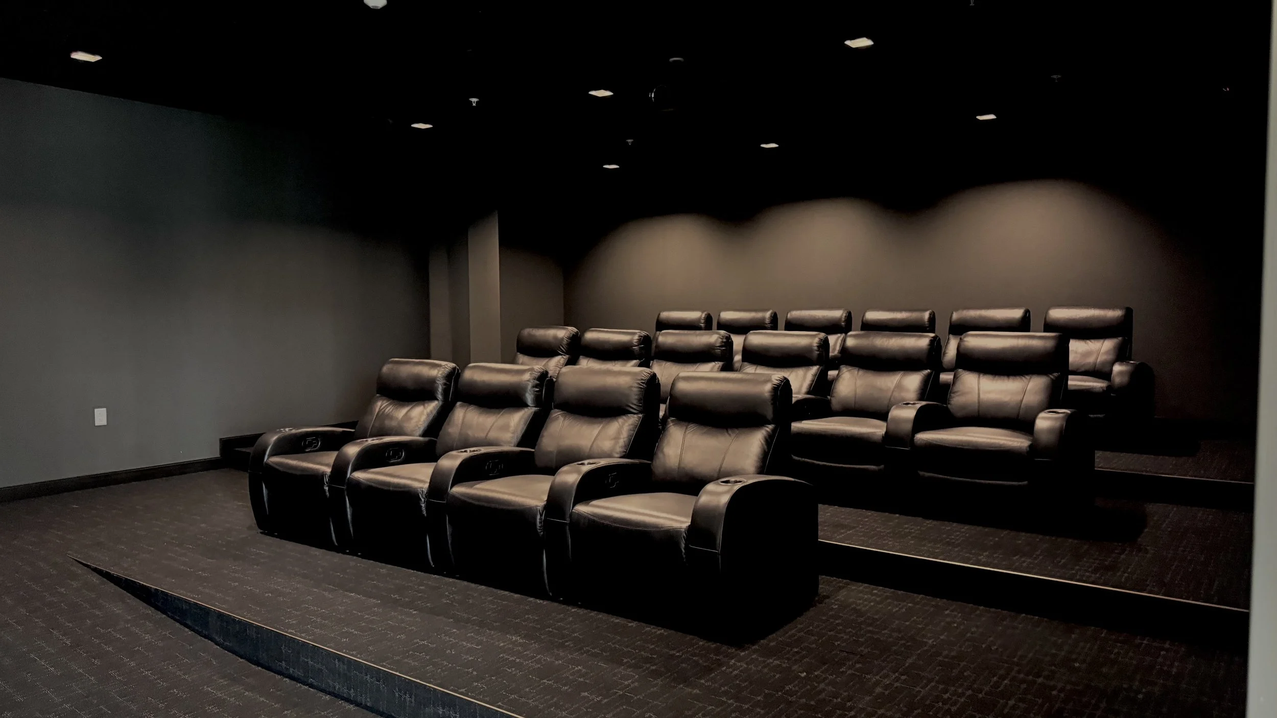 Row of black leather theater seats in a dark room with dim ceiling lights.