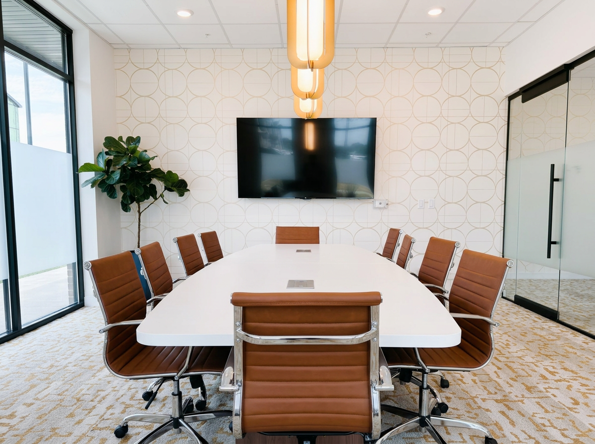 A modern conference room with a white oval table, nine brown leather chairs, a large wall-mounted TV, a large potted plant, and glass partitions.