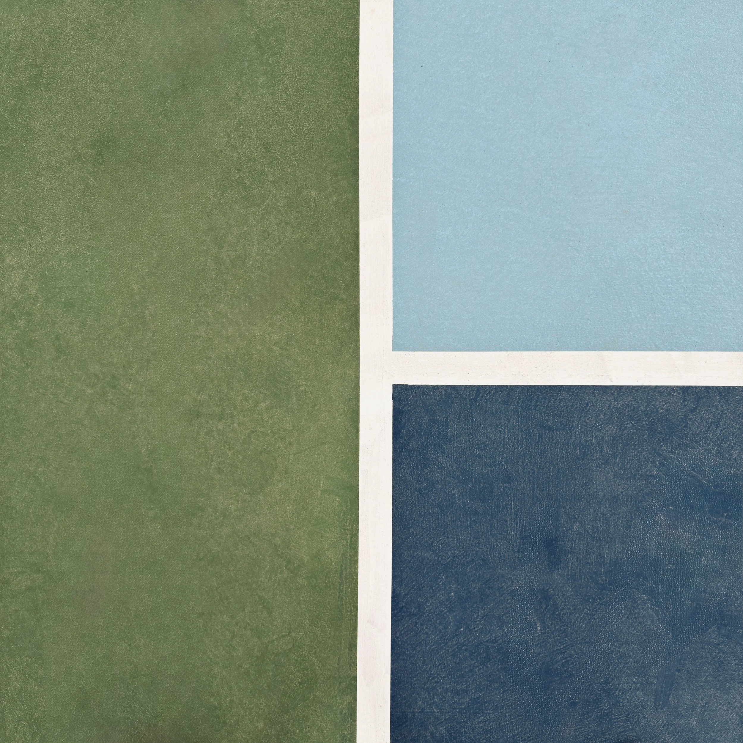 Close-up of a tennis court with a green section on the left and a blue section on the right, separated by a white border and a dark blue line at the bottom.