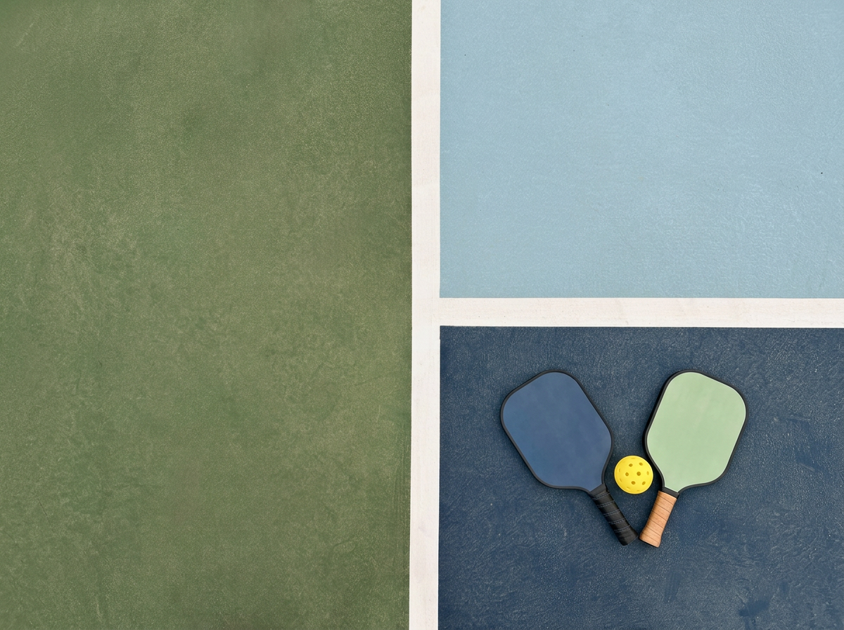 Two pickleball paddles, one blue and one green, along with a yellow pickleball, on a blue section of a tennis or pickleball court.