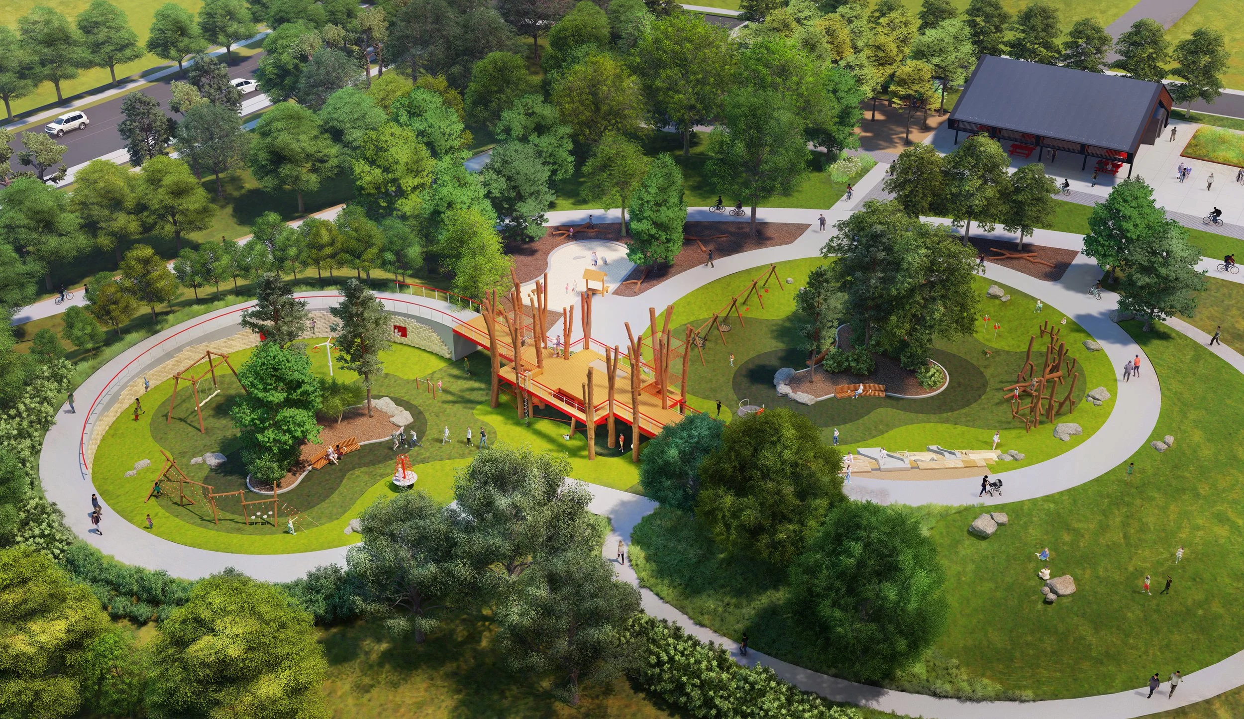 A bird's eye view of a large public park with playgrounds, walking paths, trees, a pavilion, and visitors walking and cycling.