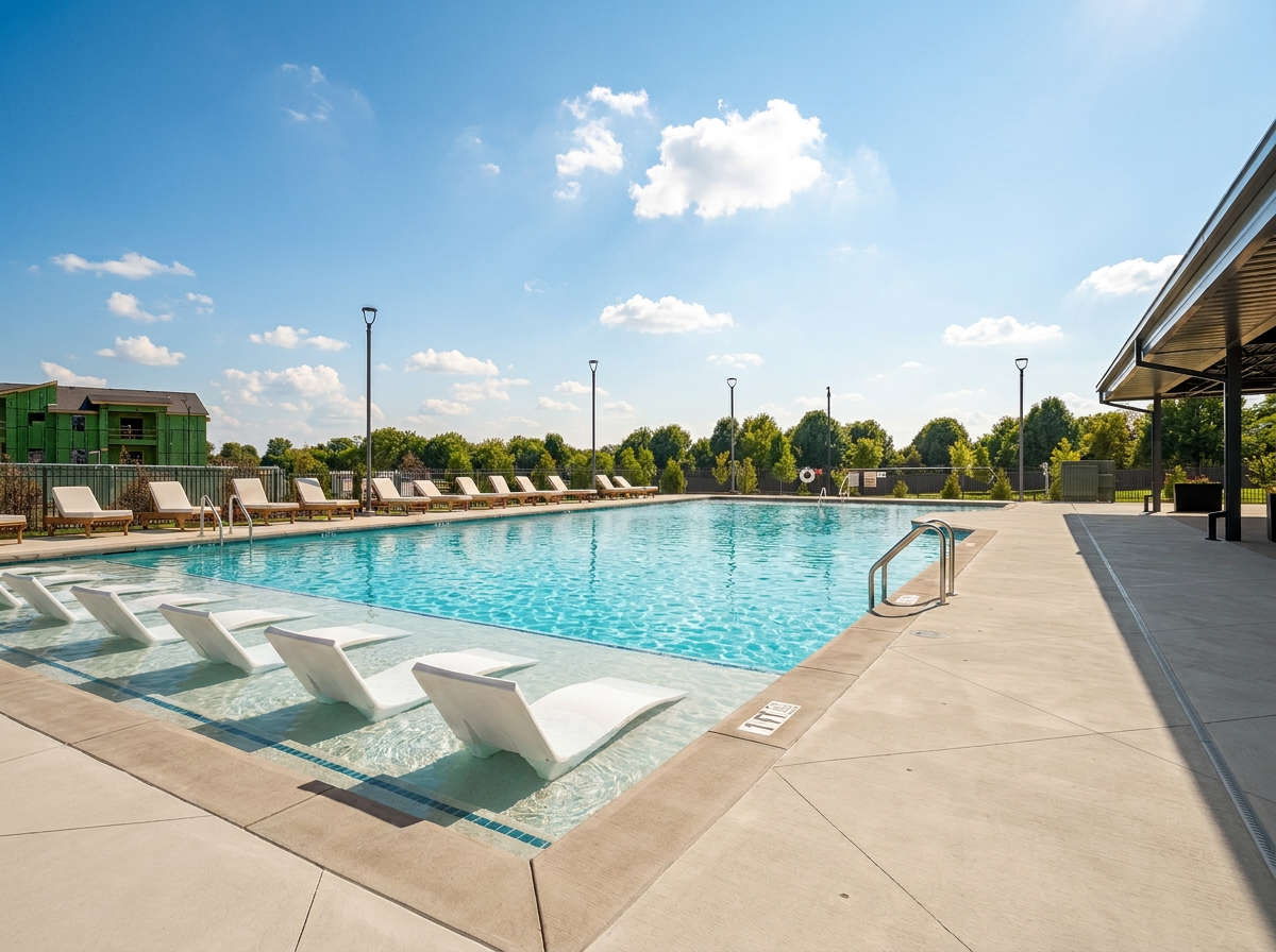 An outdoor swimming pool with clear blue water, surrounded by lounge chairs and umbrellas, under a partly cloudy sky.