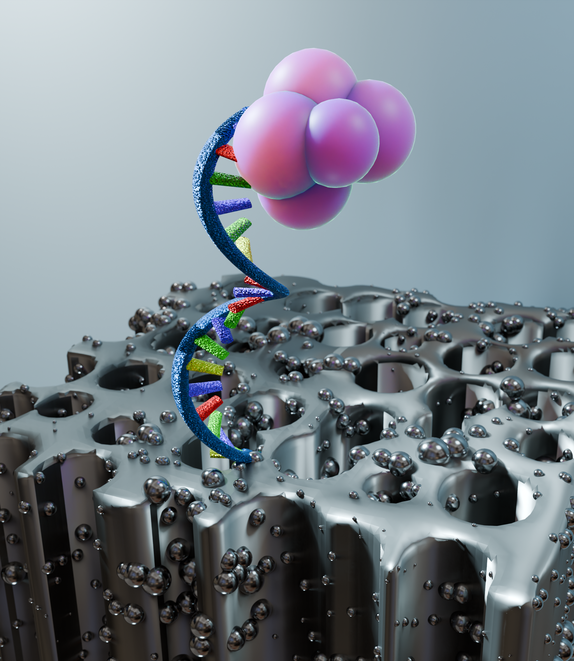 3D scientific illustration of an aptamer attached to a silver-coated matrix for molecular sensing