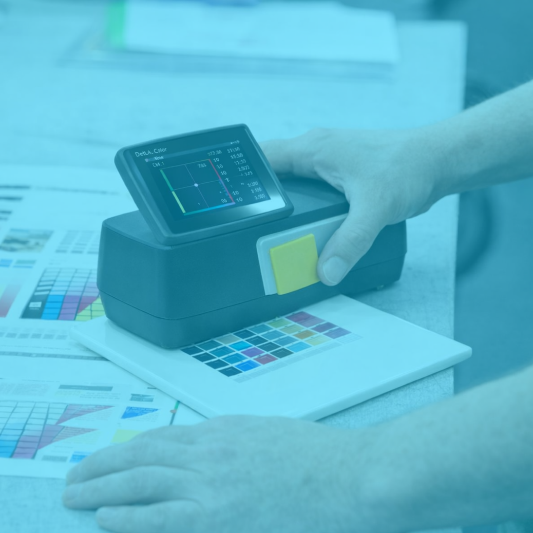 A spectro measurement device on a desk analyzing a printed color chart, with a person's hand adjusting the device.