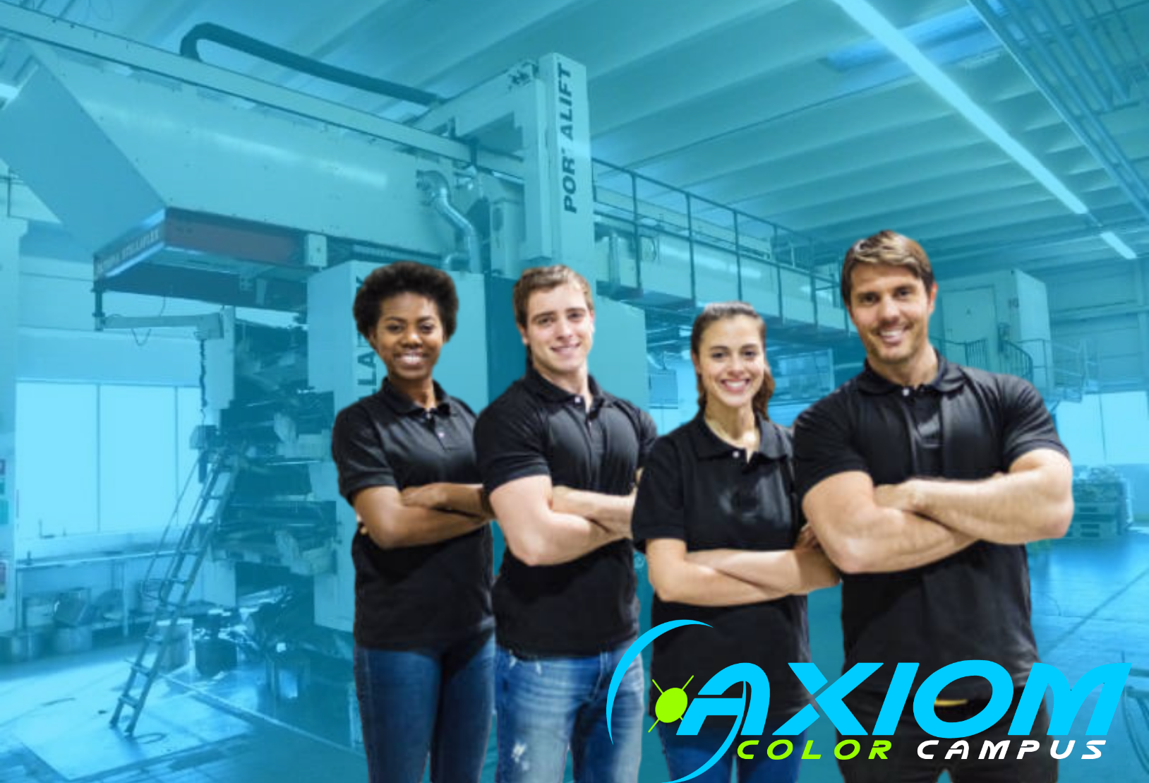 Group of four diverse young adults standing with arms crossed in front of a large industrial background with machinery, with the text 'AXIOM COLOR CAMPUS' at the bottom.