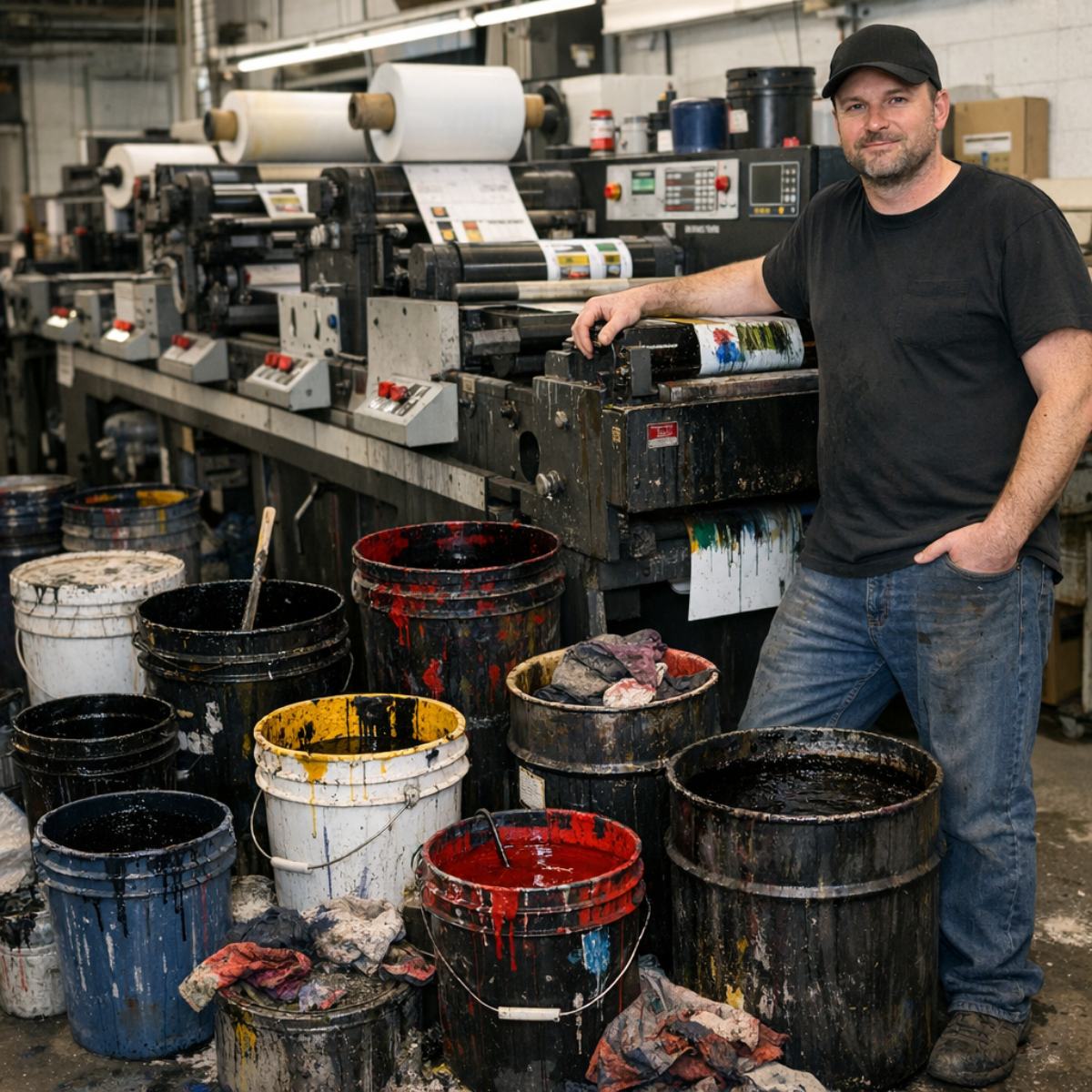 A man standing in an industrial print shop next to a printing press, with buckets of black, red, yellow, and blue ink, some with paint splatters and towels around them.