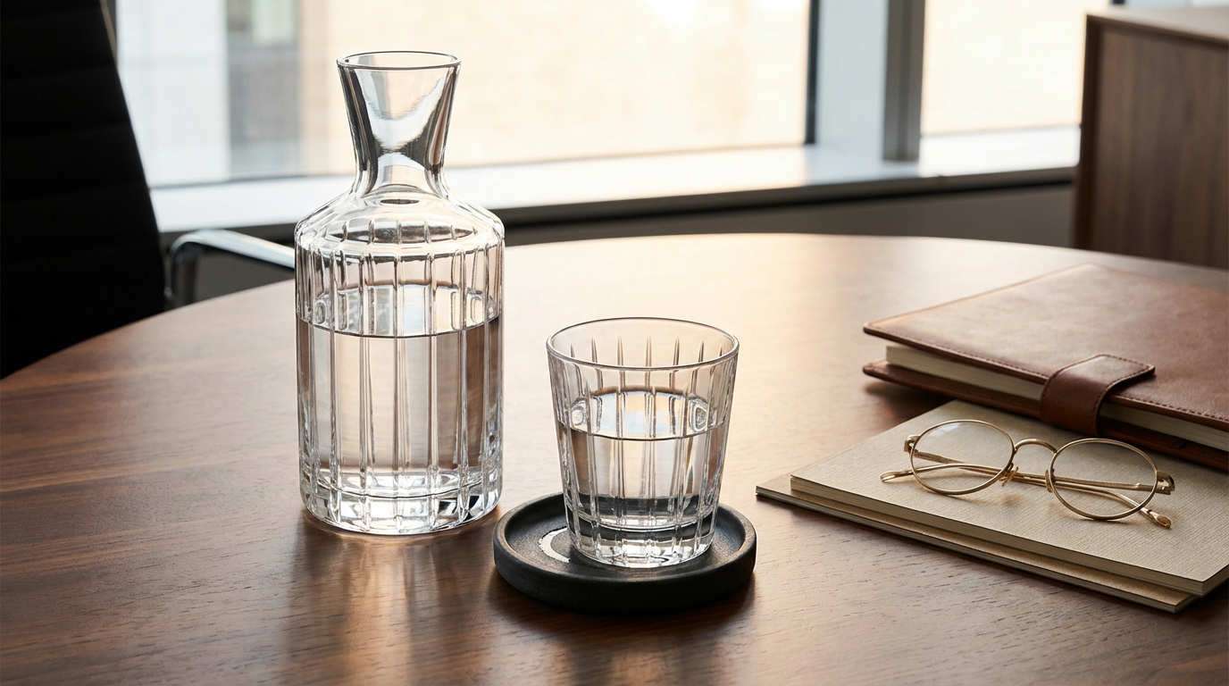 A glass pitcher and a glass of water on a wooden table with notebooks, glasses, and a window in the background.