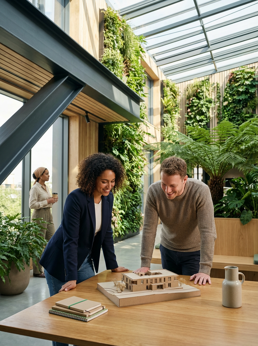 Two people looking at an architectural model of a building on a wooden table in a modern, plant-filled atrium with large windows and natural light; another person in the background holding a coffee cup.