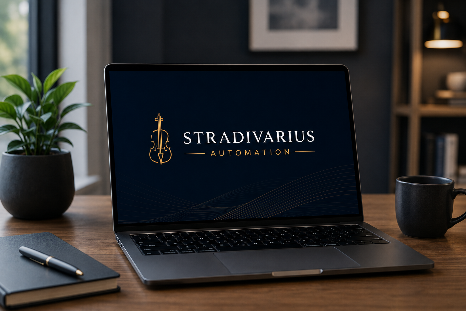 A laptop on a wooden desk displays 'Stradivarius Automation' with violin graphic, next to a black notebook, pen, a black mug, a potted plant, and a bookshelf in a modern office setting.
