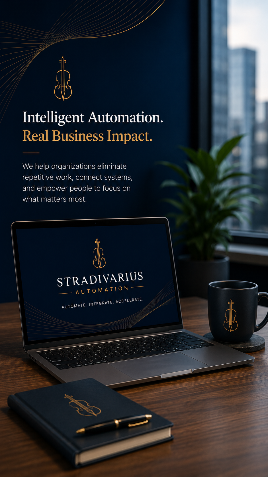 A promotional image for Stradivarius Automation, featuring a laptop, a black notebook with a gold pen, a black mug with an orange logo of a violin, a green plant, and a cityscape outside a window. The background includes text about intelligent automation and its impact on business.