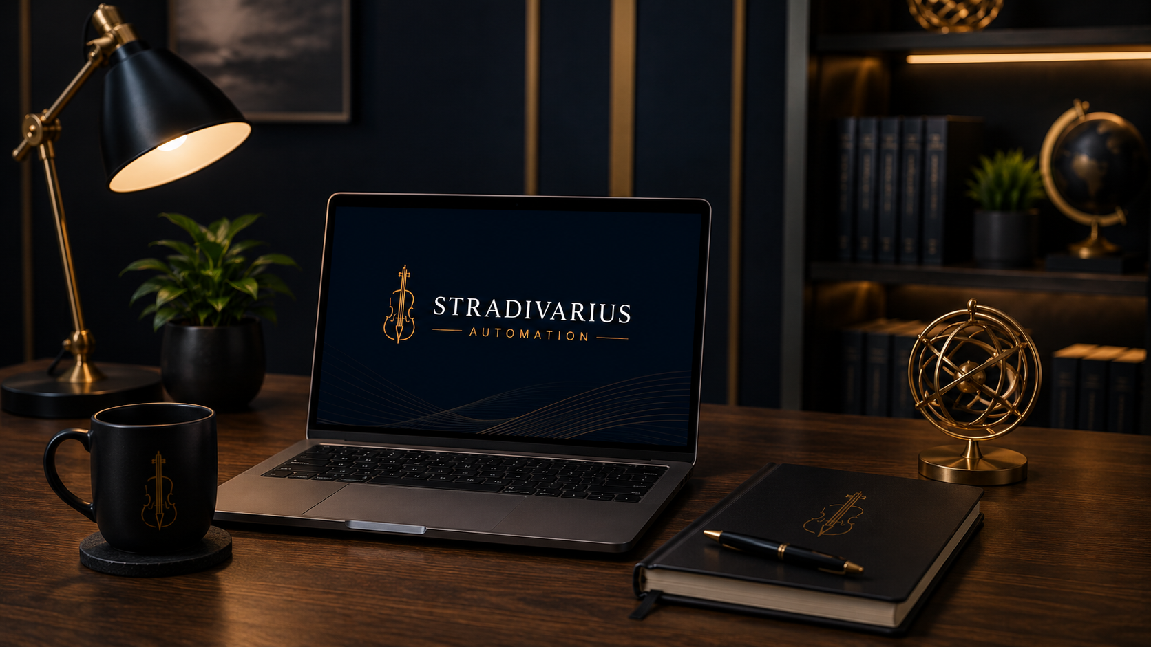 A desk setup featuring a laptop displaying 'Stradivarius Automation' with a violin logo, a black coffee mug with the same logo, a black notebook with a gold pen, a small gold armillary sphere, a black desk lamp, a potted plant, and a bookshelf with black books and a globe in a dimly lit office.