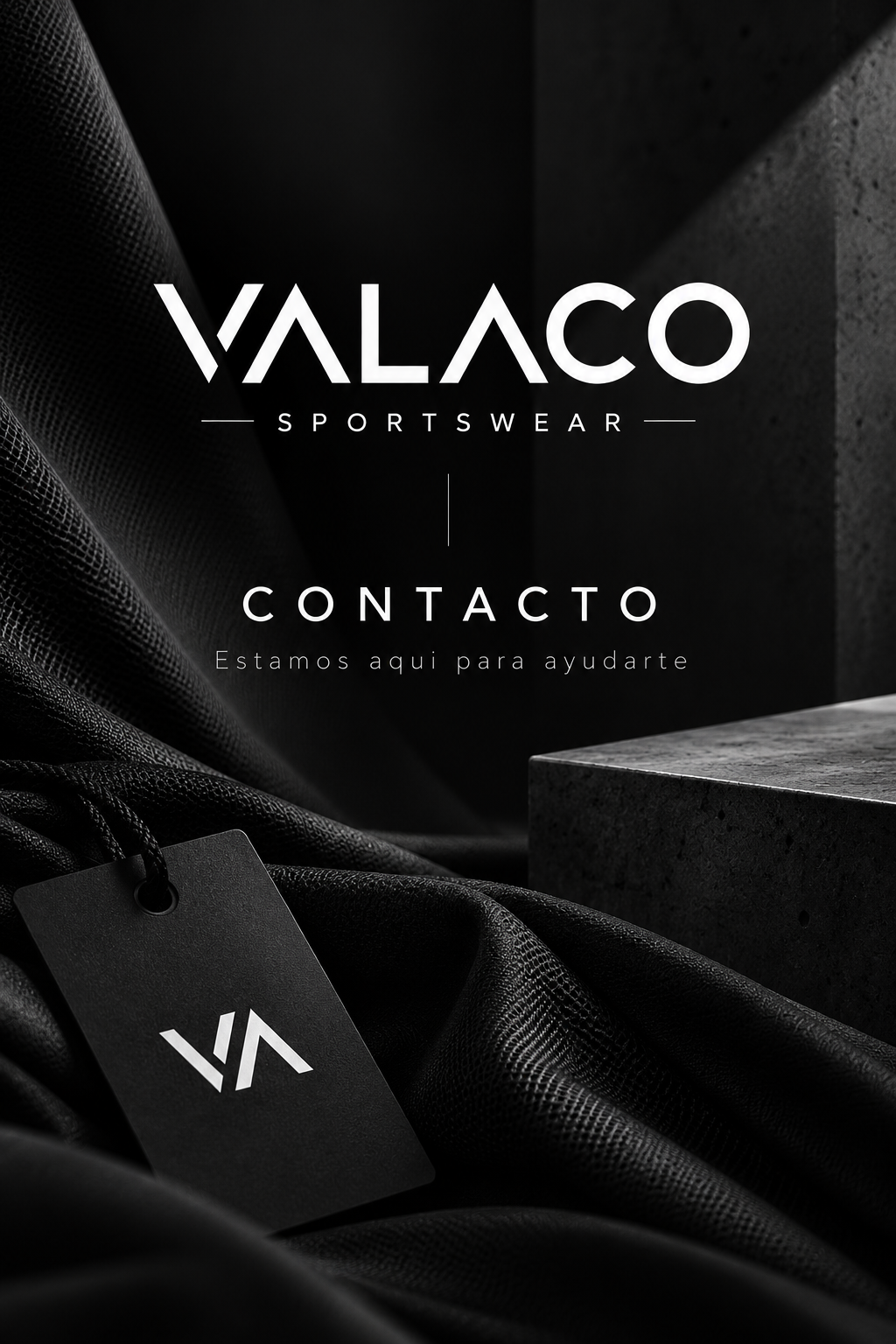 Imagen en tonos oscuros con logotipo y texto de Valaco Sportswear, contacto y ayuda, con etiqueta de producto y fondo de telas y superficies de piedra.