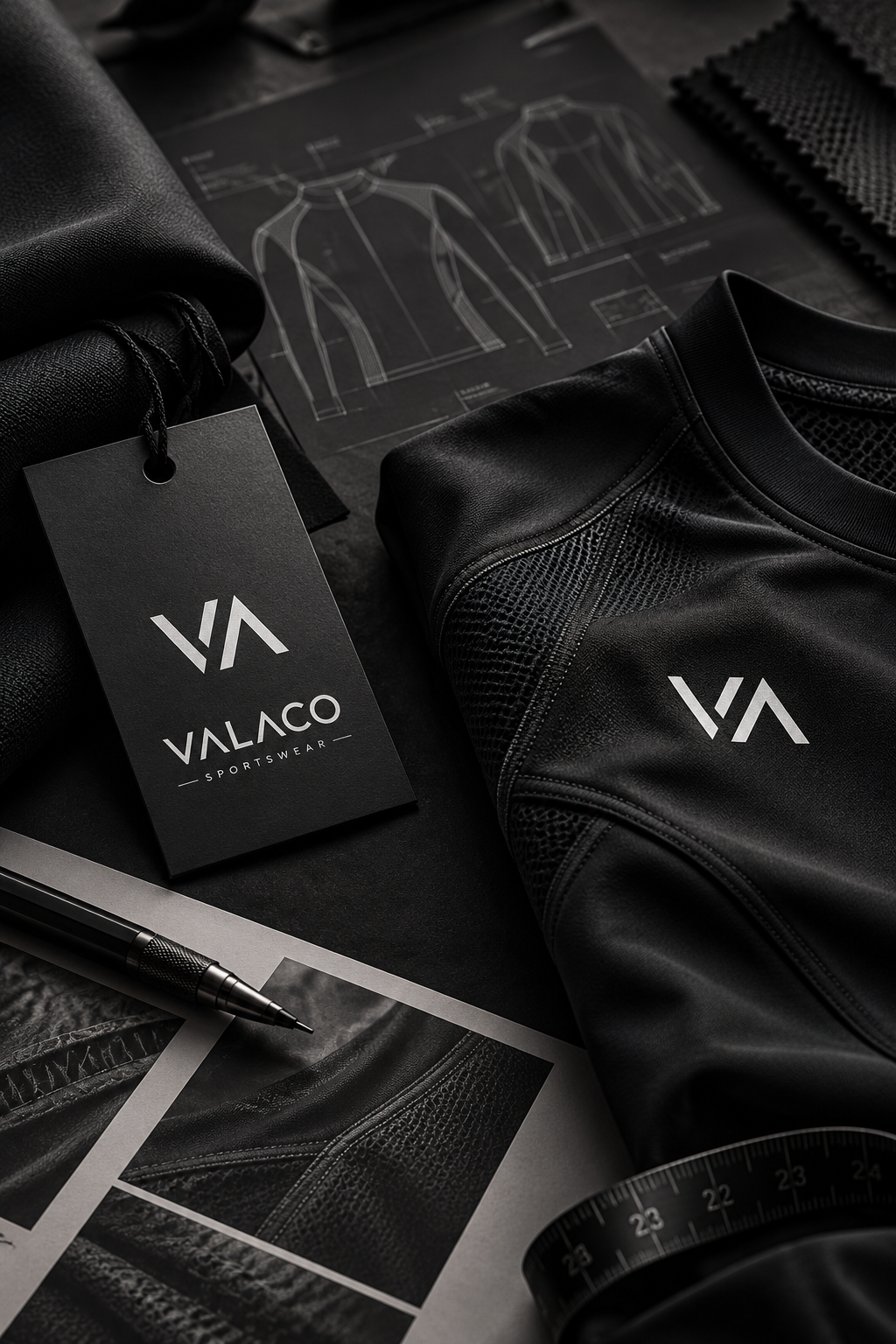 Materiales de ropa deportiva de piel y tela con el logotipo de Valaco, con planos de diseño, una etiqueta de la marca, un bolígrafo y una cinta métrica, todo en un ambiente de estudio.