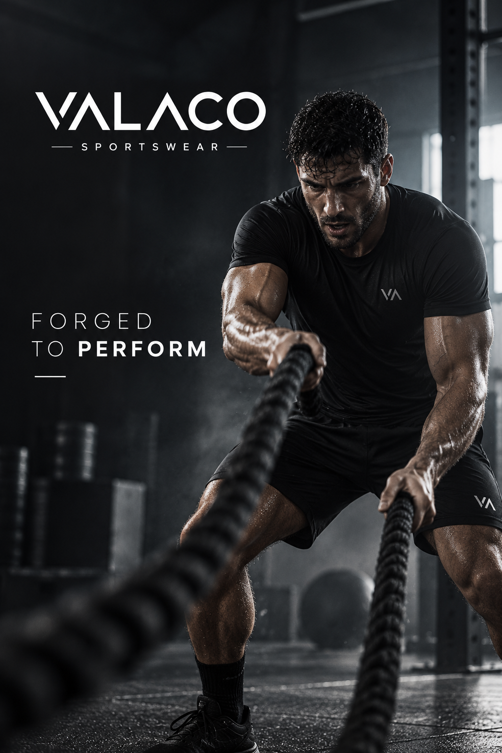 Hombre entrenando con cuerdas de lucha en un gimnasio oscuro, sudoroso y concentrado, vistiendo ropa deportiva negra con el logo de Valaco Sportswear.