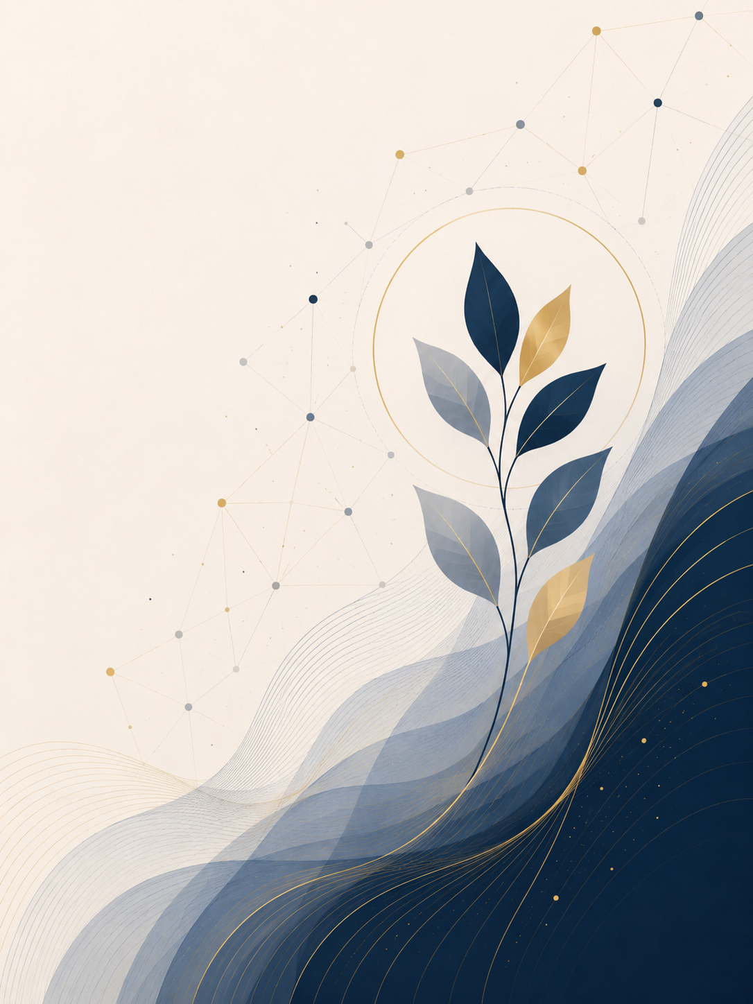 Abstract botanical illustration in navy, gold, and gray symbolizing evidence-based growth, collaboration, and behavioral science research.