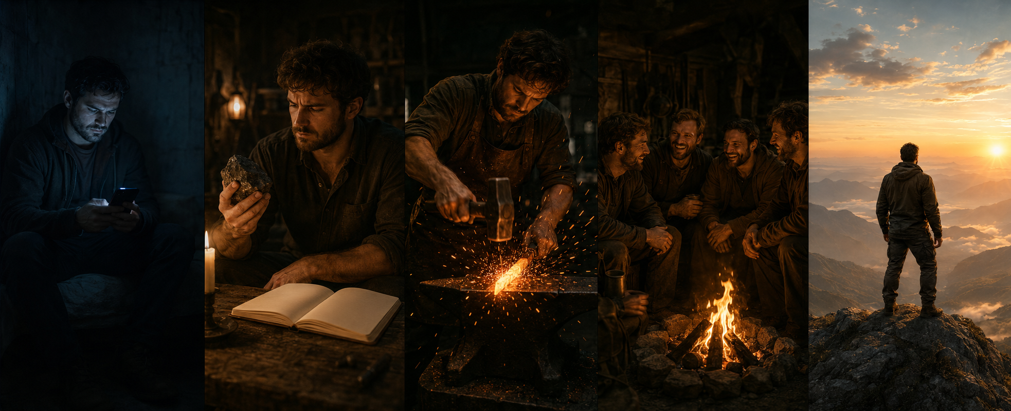 A man's journey from isolation to purpose - reflection, the forge, brotherhood, and arrival.