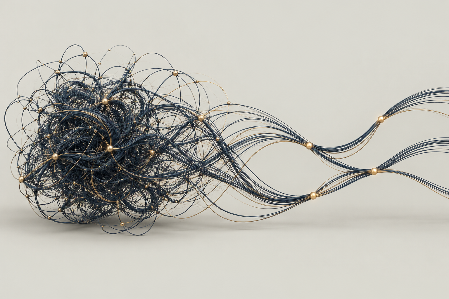 Tangled navy threads and gold connection points becoming clear, flowing paths—a visual reflection of invisible labor.