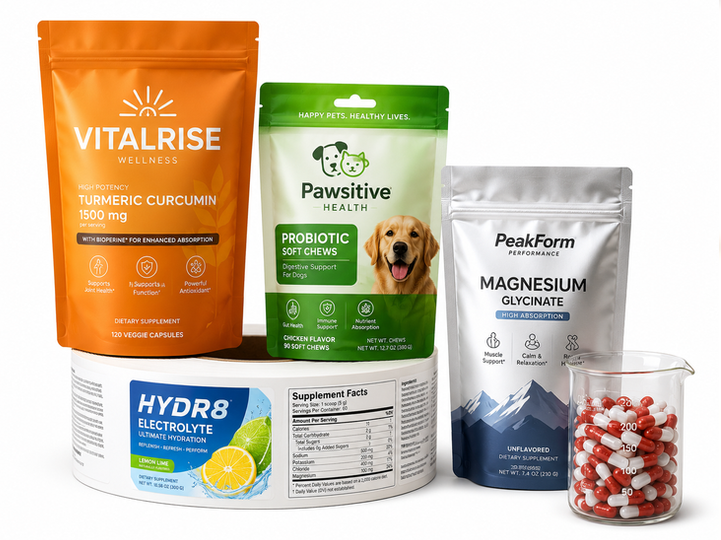 picture of supplement labels and pouches