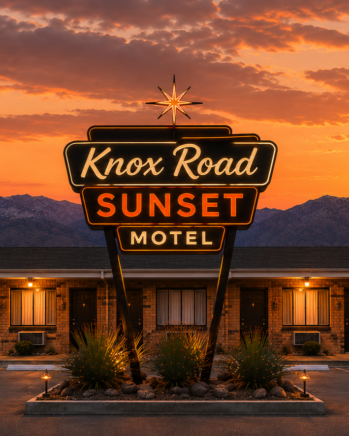 Neon sign for Knox Road Sunset Motel at sunset, with mountains in the background, in front of a brick motel building.