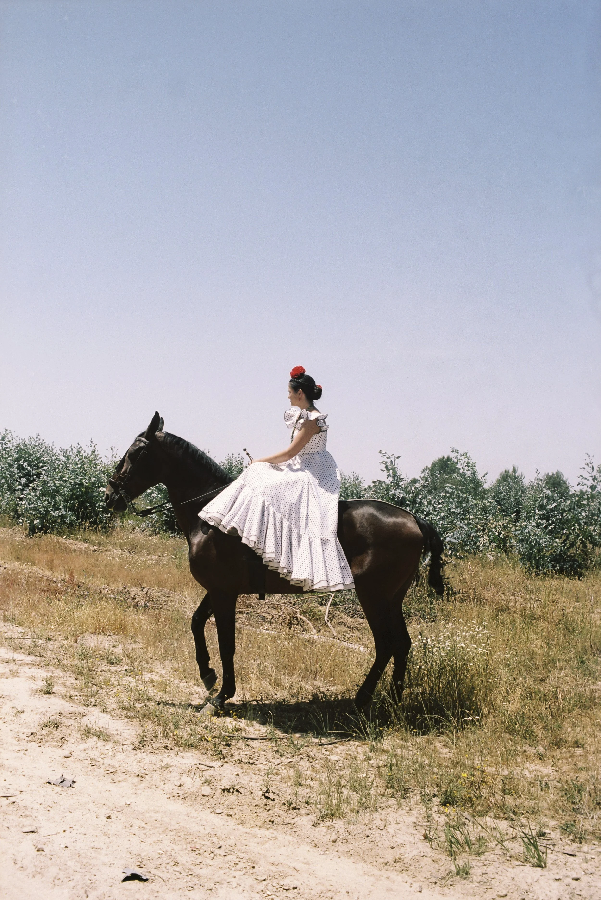 Mujer vestida con vestido largo y peinado con flores, cabalga un caballo en un campo con plantas y árboles en el fondo bajo un cielo despejado.