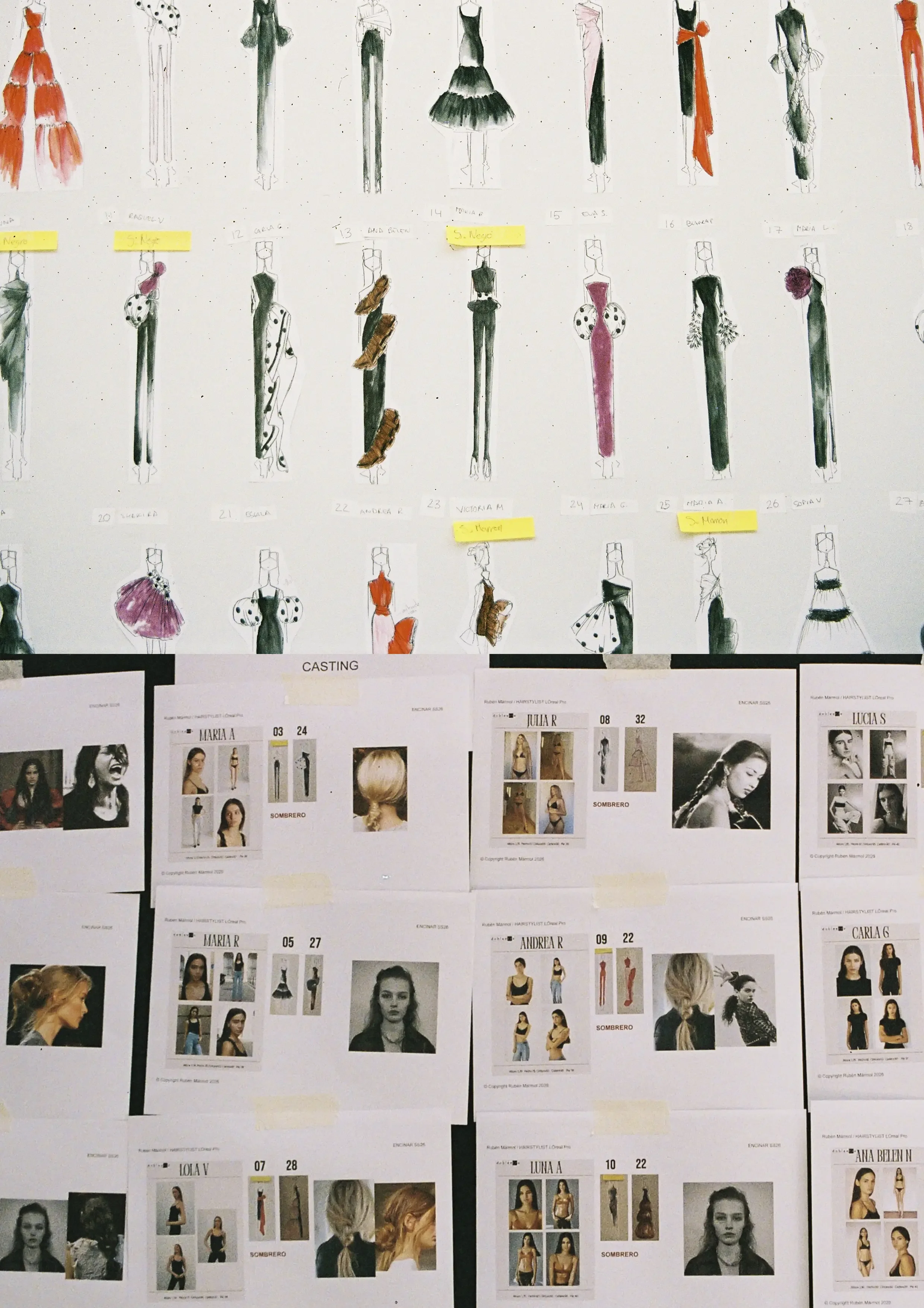 Esquema de boceto para diseños de moda con diferentes prendas y estilos, incluyendo vestidos, faldas y accesorios, en varias posiciones y colores.