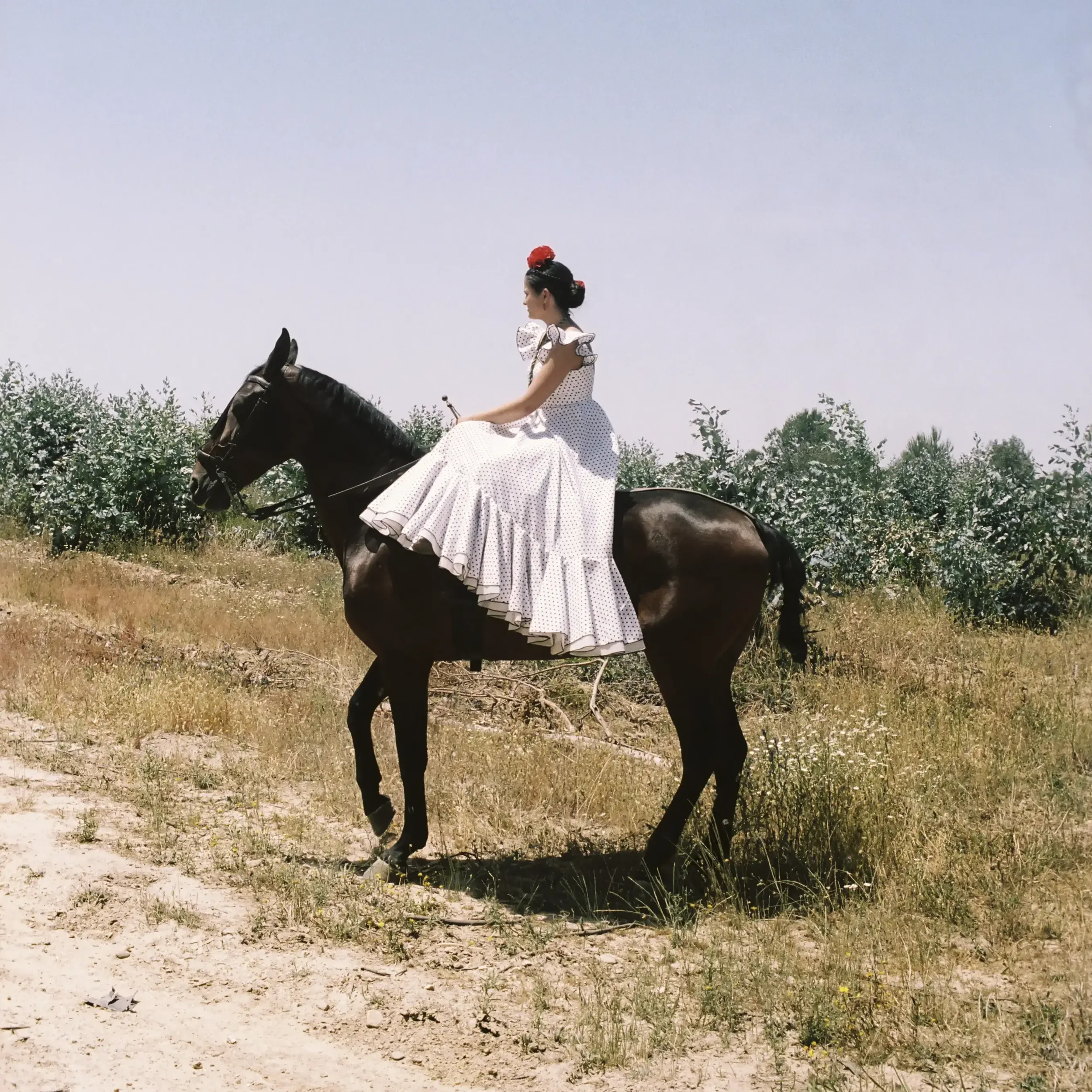 Mujer vestida con vestido blanco de lunares negros montando a caballo en un campo con arbustos y árboles al fondo bajo un cielo despejado.