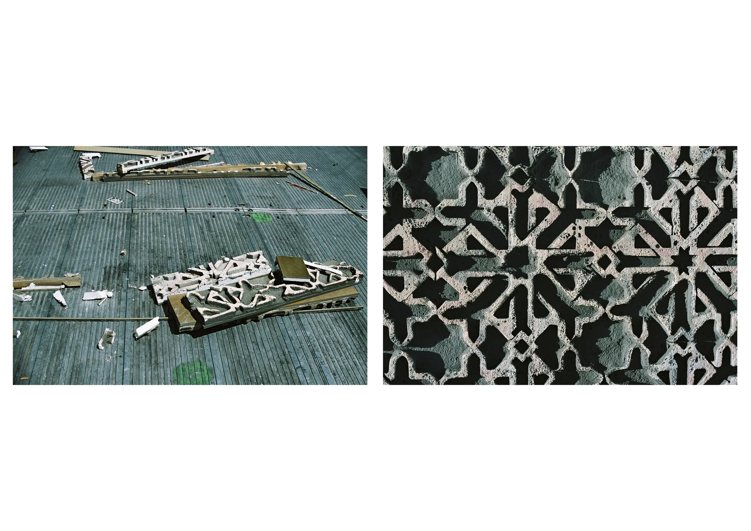 Dos fotos de un trabajo en progreso con elementos de concreto decorativo en un área decorada con piso de lámina metálica. La primera imagen muestra piezas de concreto decorativo y herramientas, la segunda imagen muestra una cerca de concreto con patr