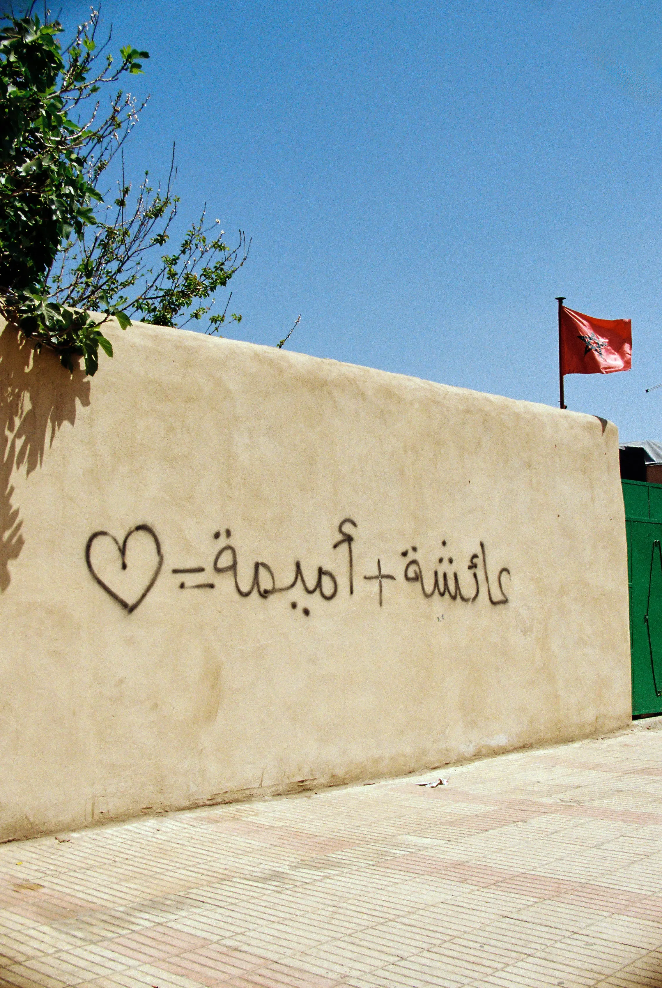 Mensaje en una pared blanca que dice '♥ amor + pasión' en letras negras, con un corazón dibujado y un signo más, en un entorno exterior con suelo de baldosas y una estructura con bandera morada y verde en el fondo, junto a plantas.