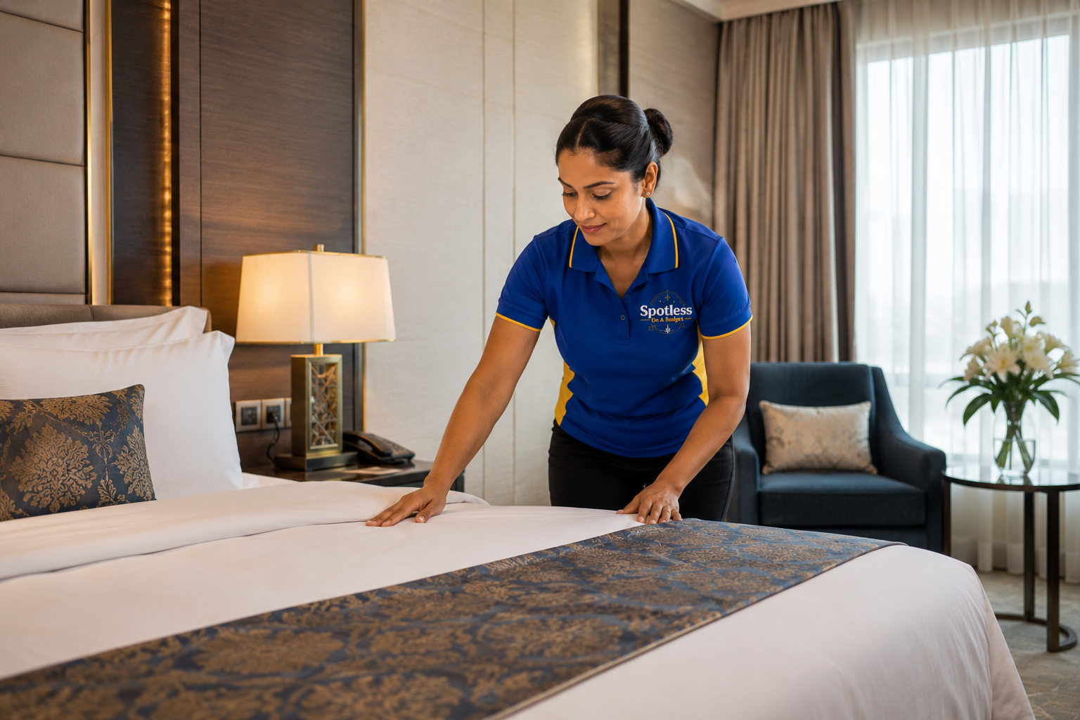 Professional hotel room cleaning by a Spotless on a Budget housekeeping representative in a luxury Caribbean hotel.