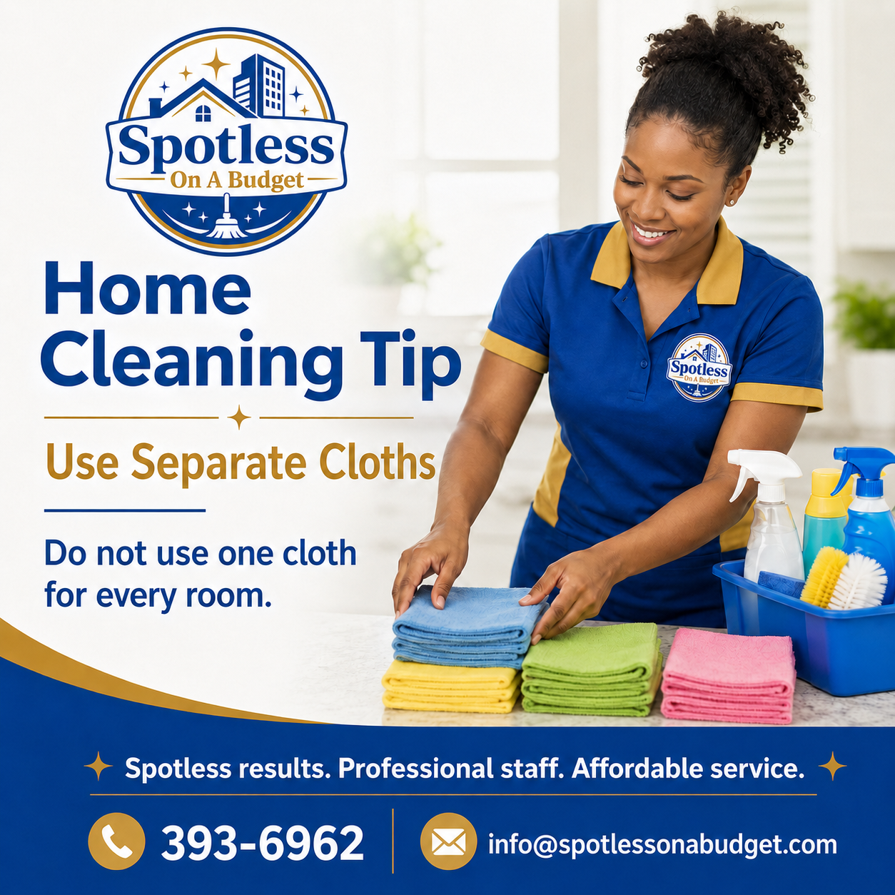 Spotless on a Budget cleaner organizing separate colored cleaning cloths, sharing a home cleaning tip not to use one cloth for every room.