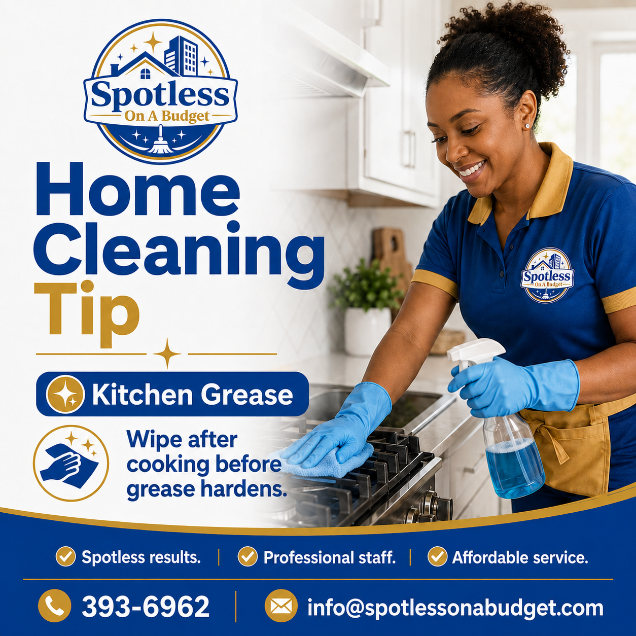 Spotless on a Budget cleaner wiping a kitchen stovetop with a blue cloth, sharing a home cleaning tip to wipe grease after cooking before it hardens.