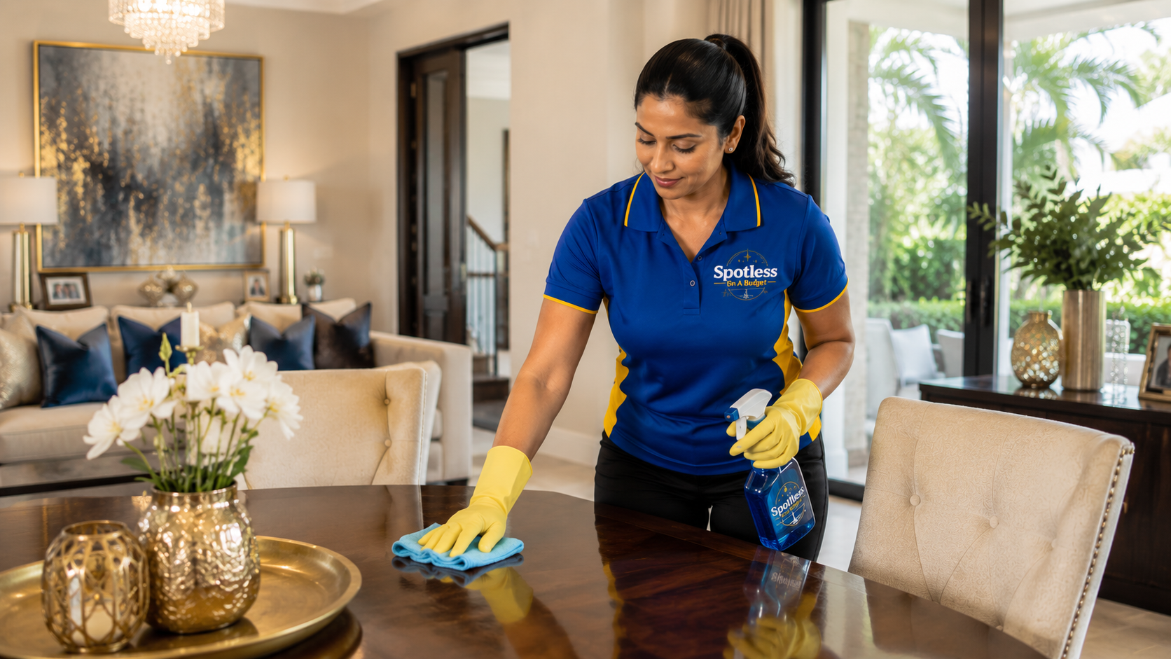 Professional home cleaning service in Trinidad featuring a Caribbean East Indian cleaner from Spotless on a Budget wiping a dining table in a luxury Caribbean home.