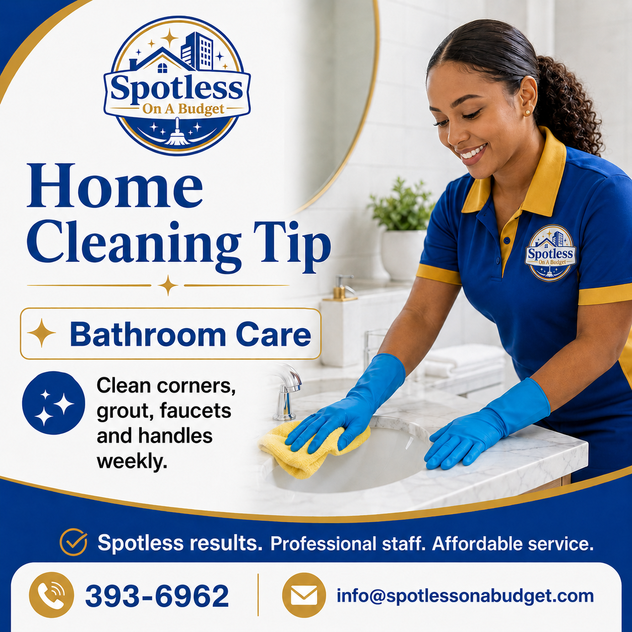 Spotless on a Budget cleaner wiping a bathroom sink and countertop, sharing a bathroom care tip to clean corners, grout, faucets, and handles weekly.