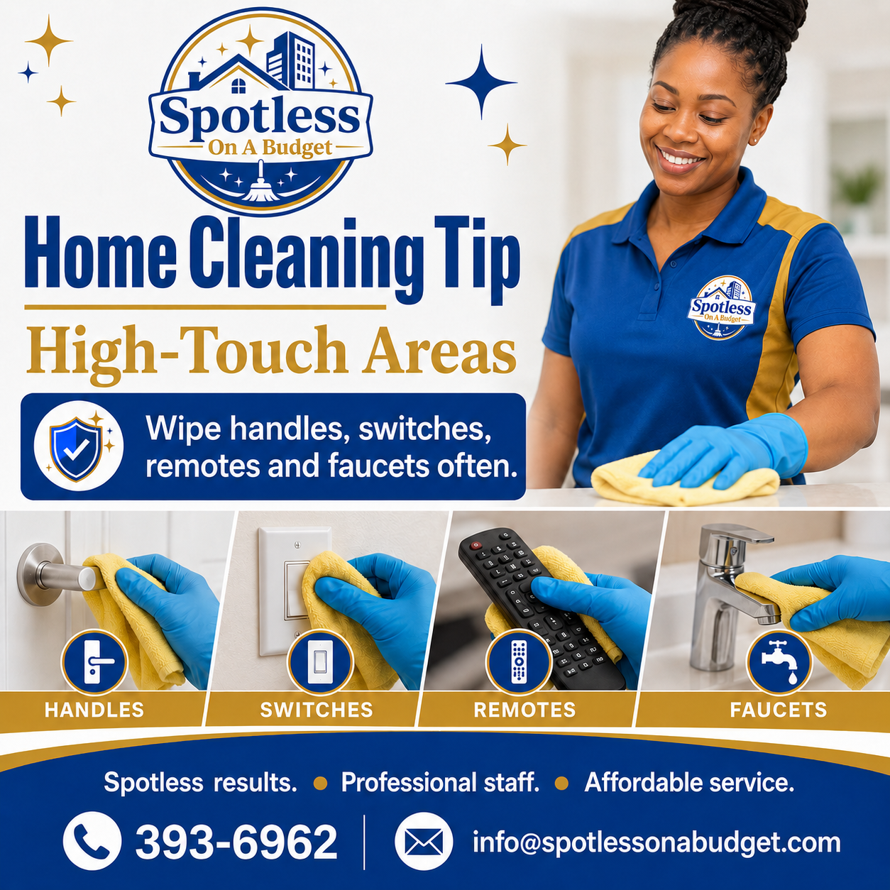 Spotless on a Budget cleaner demonstrating high-touch area cleaning, including handles, switches, remotes, and faucets, to help maintain a cleaner home.