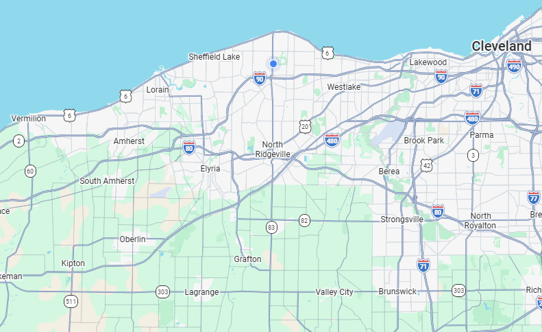 Map of northern Ohio showing Cleveland to the east and Sheffield Lake, North Ridgeville, Elyria, and surrounding areas, with major highways like I-90 and I-480.