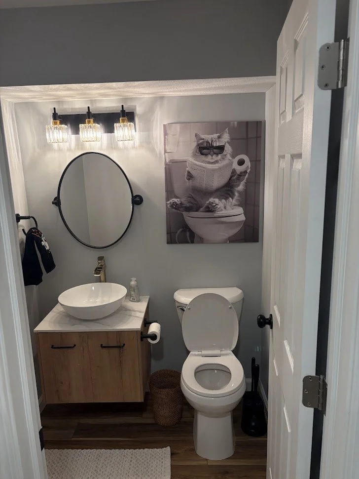 Small bathroom with a wooden vanity, white vessel sink, oval mirror, cat painting, toilet, and hanging light fixtures.