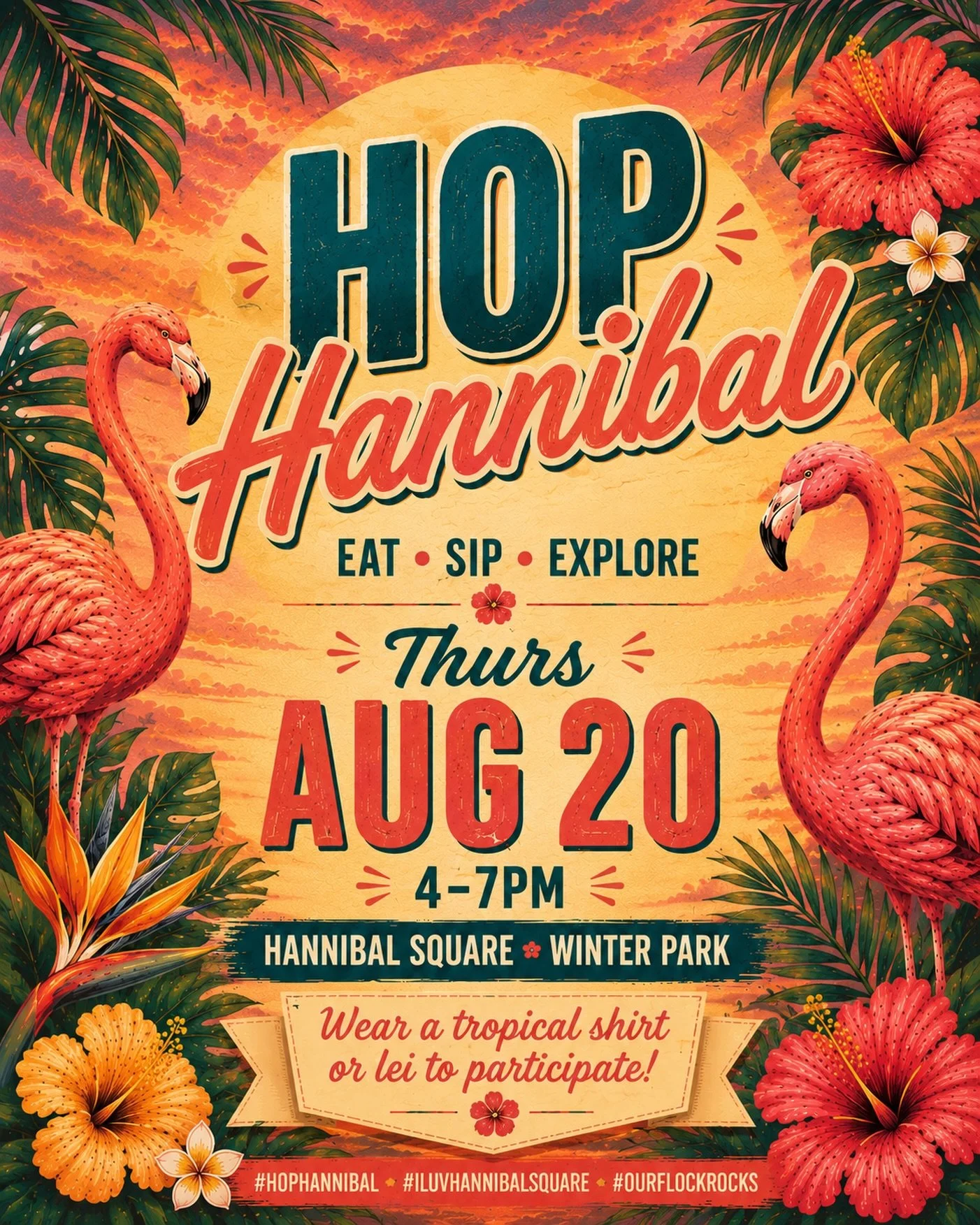 Another 3rd Thursday is on the way 🤩 🌴🦩

You know what that means!!!&hellip;
Join us Thurs, August 20th from 4&ndash;7pm for Hop Hannibal, an open invitation to experience all that Hannibal Square has to offer.

Enjoy great food, share a drink, ex