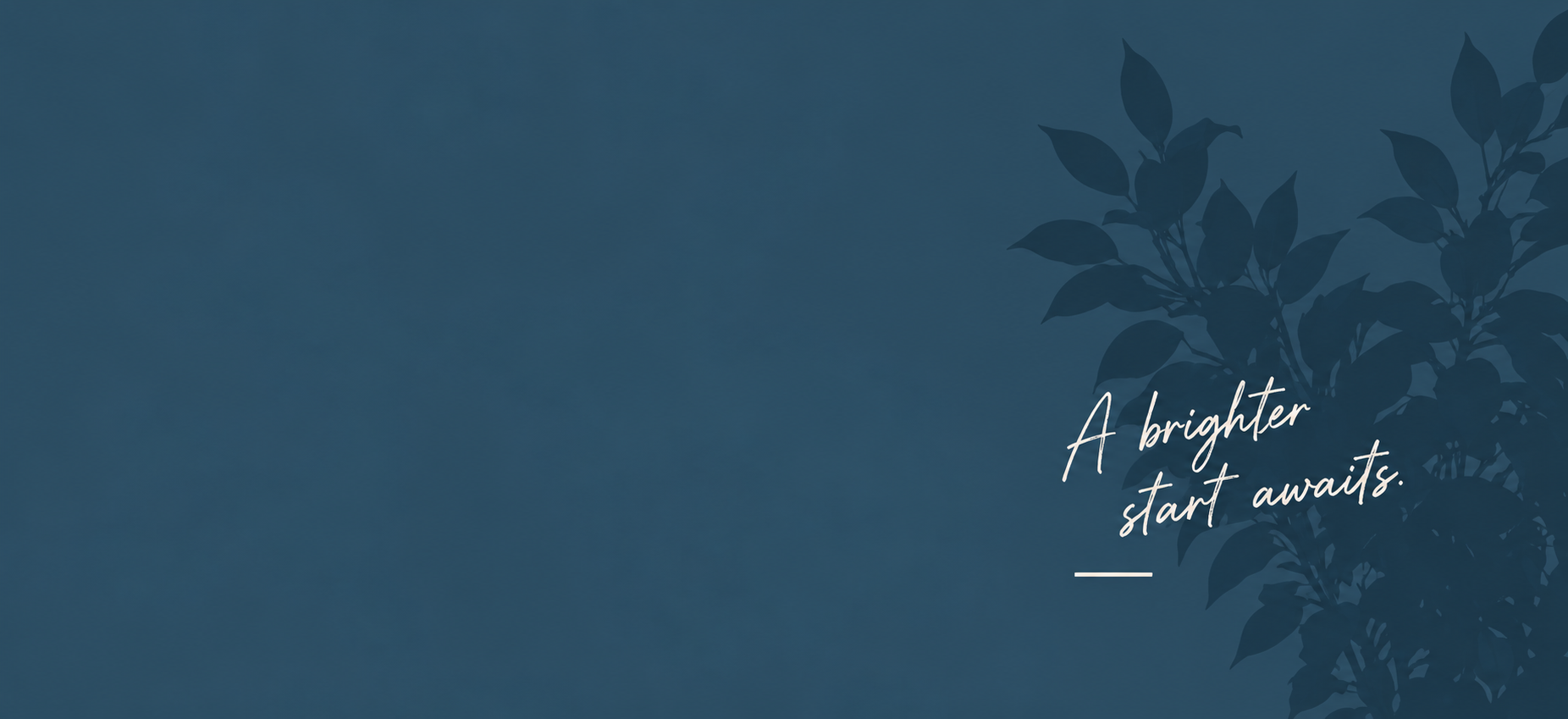 A dark blue background with a silhouette of leafy branches on the right side, and the text "A brighter start awaits" written in white cursive font.