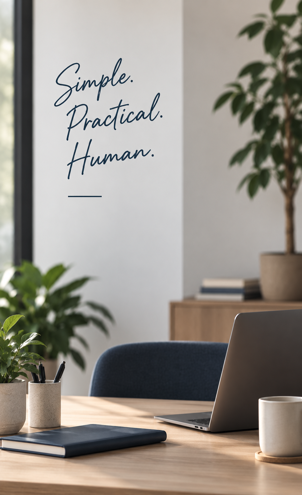 A modern office workspace with a wooden desk, laptop, potted plants, a notebook, pens, and a mug. In the background, there is a white wall with the words "Simple. Practical. Human." written on it.