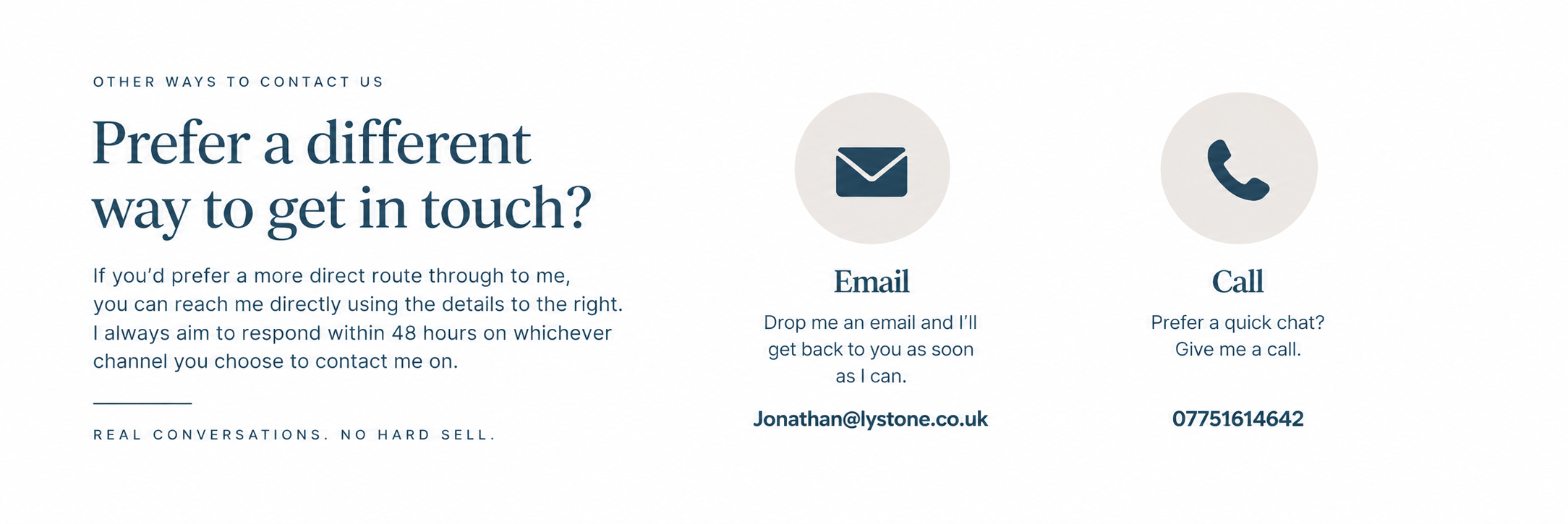 Contact options webpage with email and phone icons and contact details for Jonathan, including email and phone number.