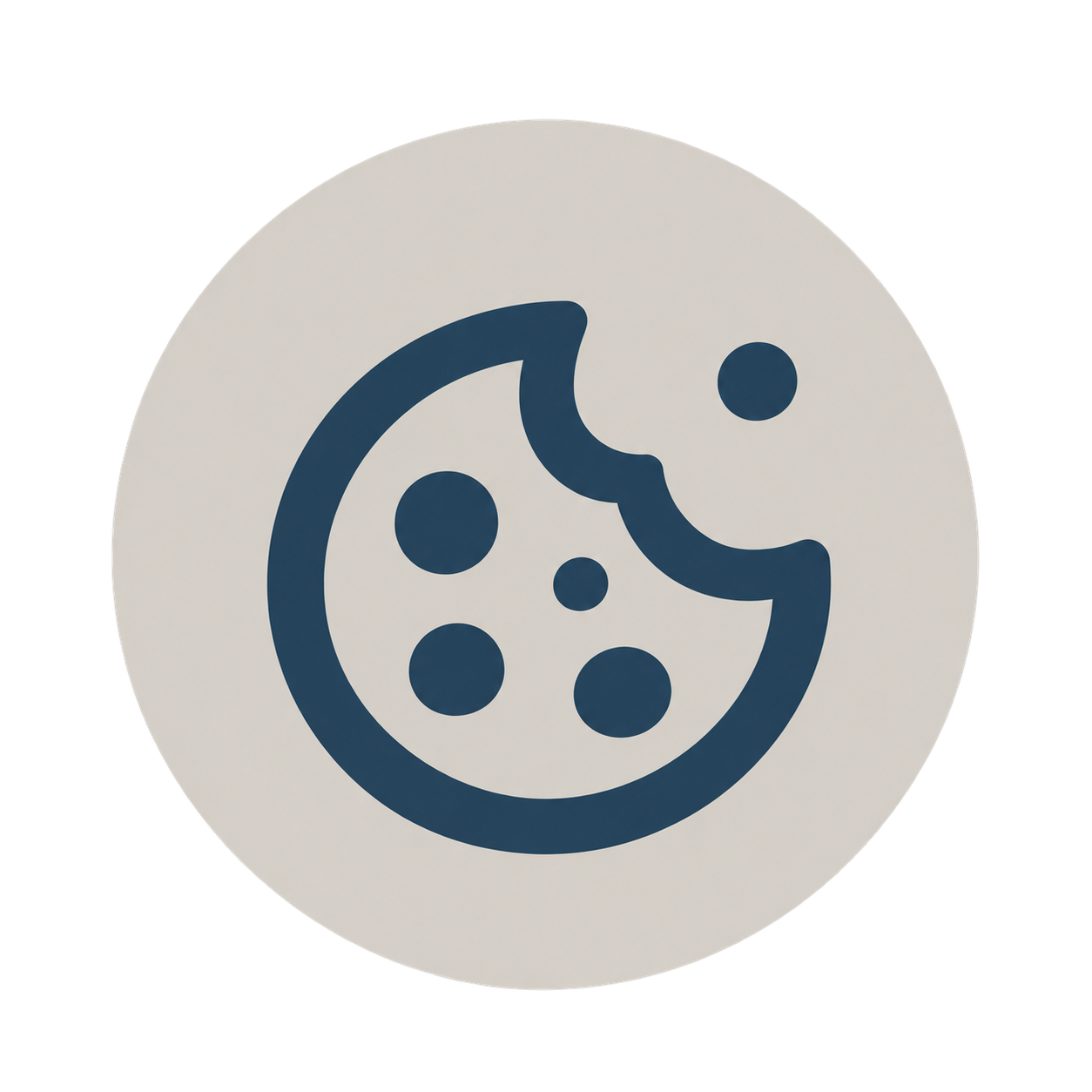 Icon of a cookie with a bite taken out of it, in blue on a white circular background.