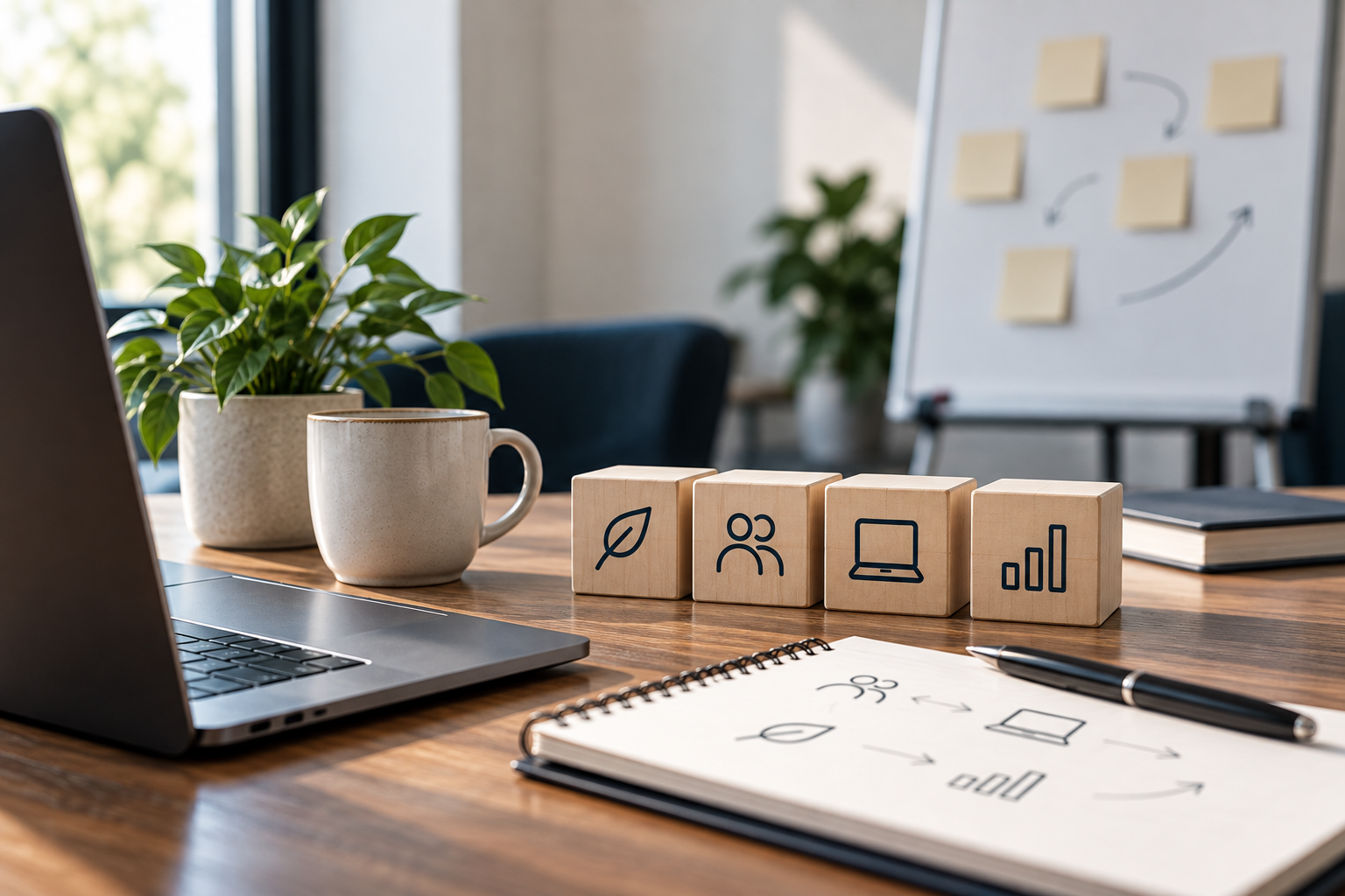 A workspace with a laptop, potted plant, coffee mug, wooden blocks with icons, a notebook with a diagram, a pen, and a whiteboard in the background.