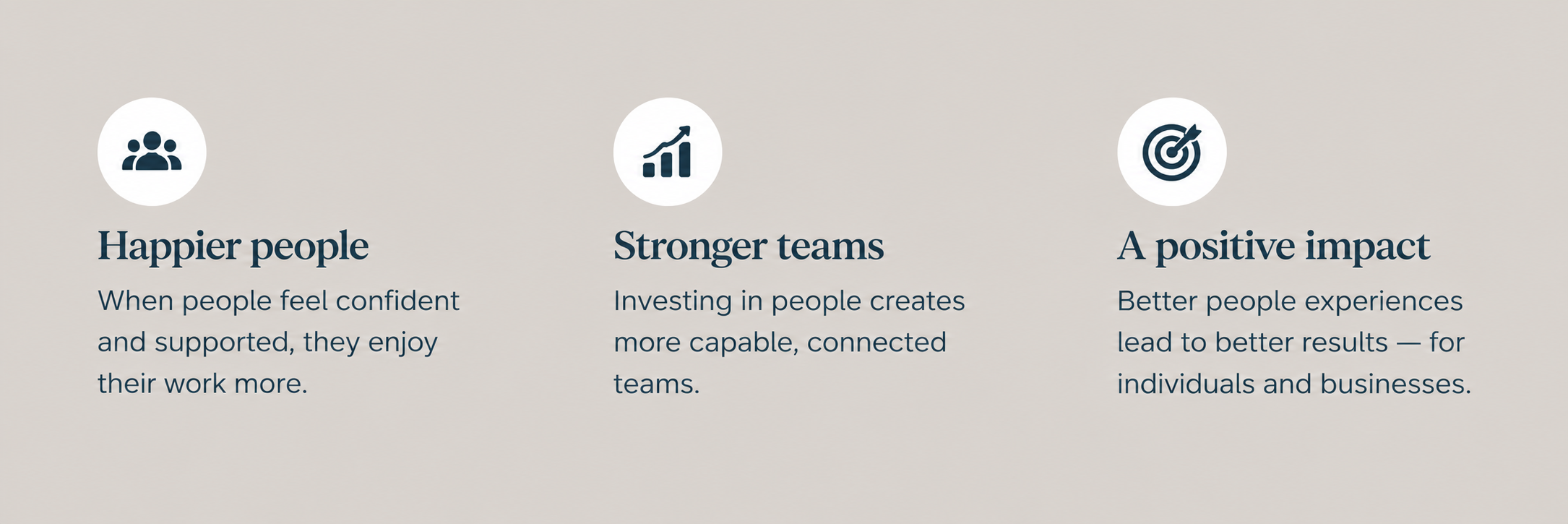 Three sections with icons and text: 'Happier people' with a group icon, 'Stronger teams' with a bar chart icon, and 'A positive impact' with a target icon, all on a light background.