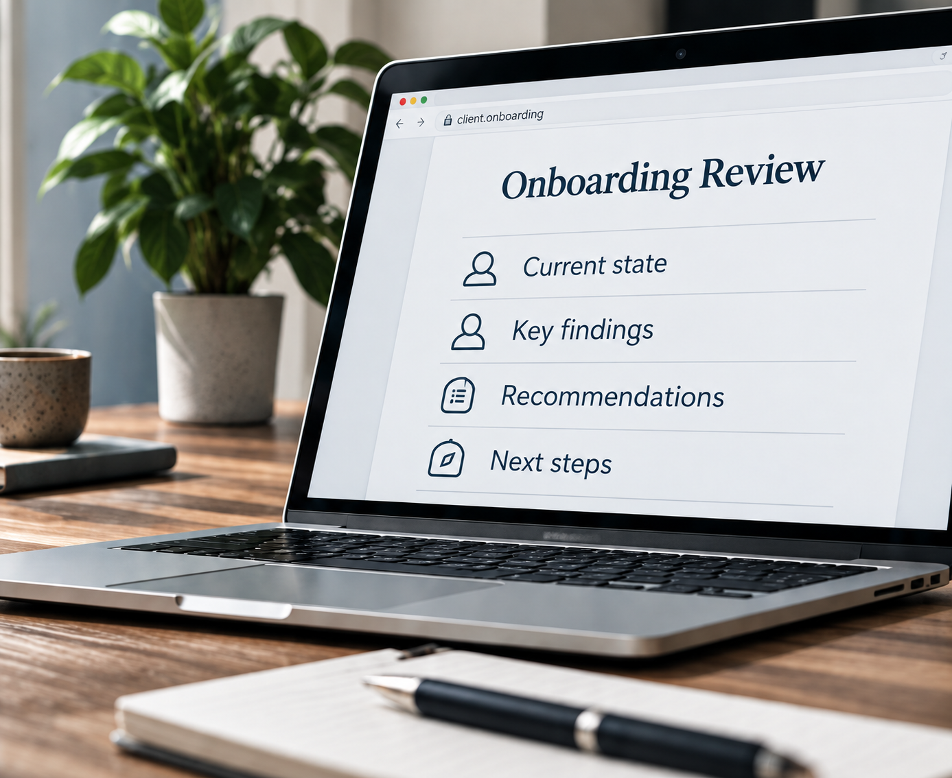 Laptop on a wooden desk displaying an onboarding review with sections for current state, key findings, recommendations, and next steps. In the background, there is a potted plant and a notebook with a pen on the desk.