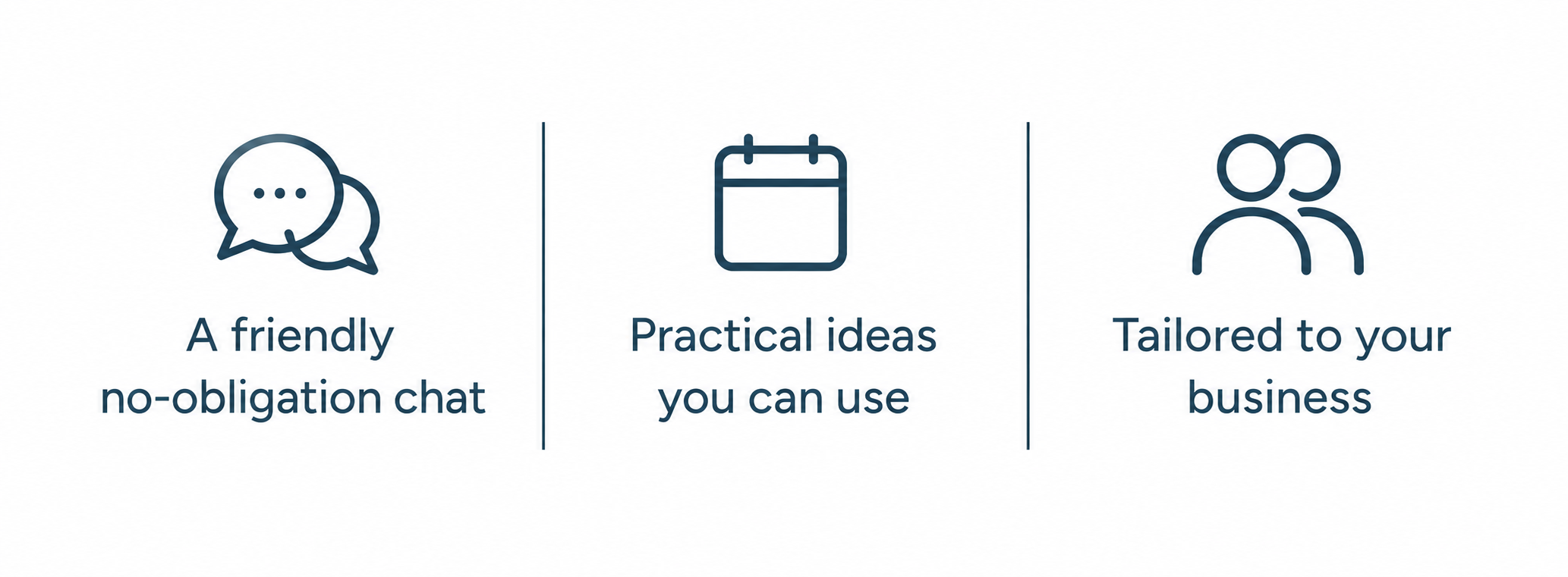 A graphic with three sections: a speech bubble icon with the text "A friendly no-obligation chat," a calendar icon with the text "Practical ideas you can use," and two people icon with the text "Tailored to your business."