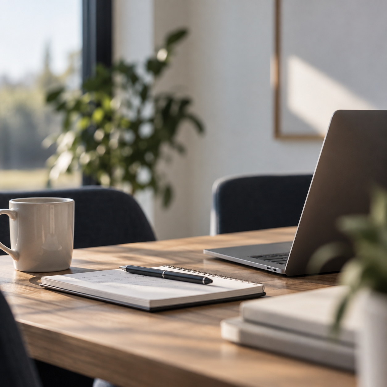 Office workspace with a laptop, notebook, pen, coffee mug, and a large window with plants in the background.