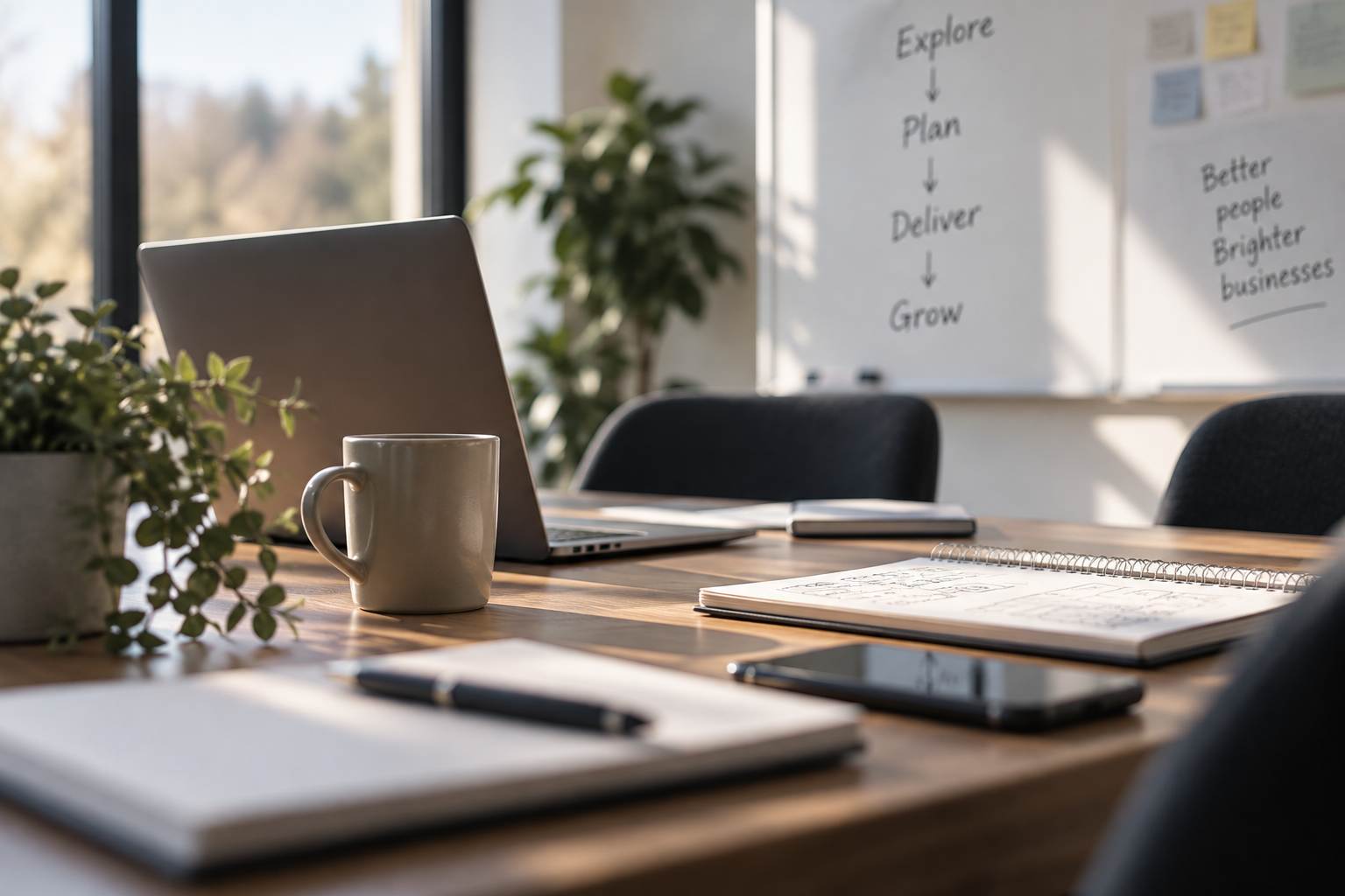 Office conference room table with laptop, notebook, smartphone, coffee mug, and plants, sunlight streaming through large windows with a whiteboard and trees outside.