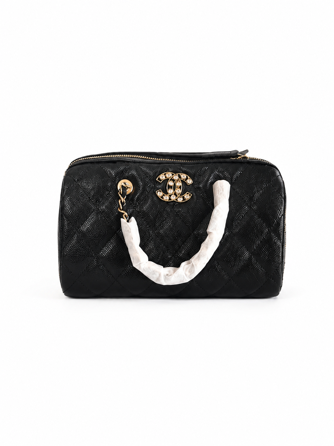 Small CC Black Caviar Quilted Barrel with Chain