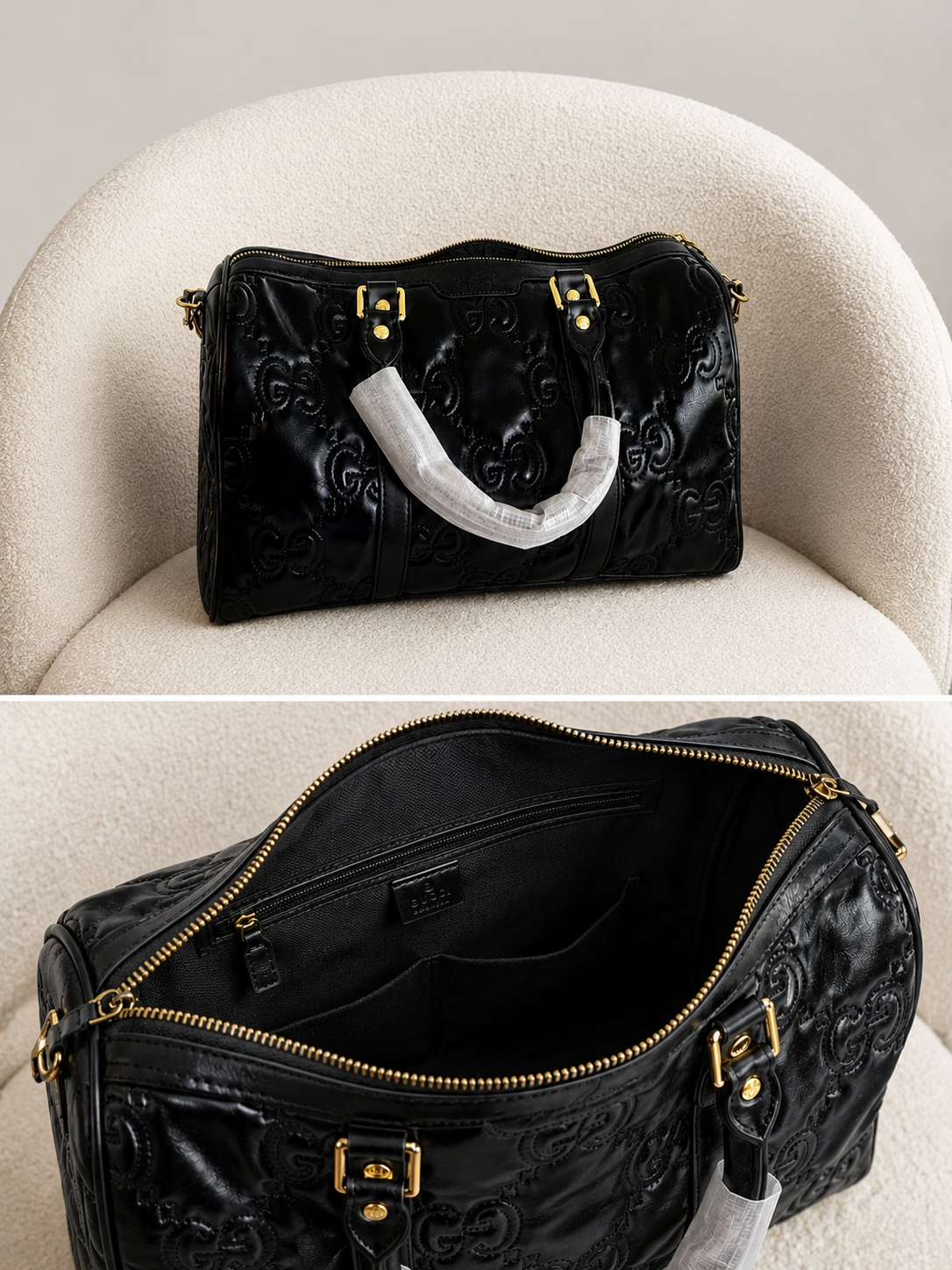 Embossed Black GG Boston Bag